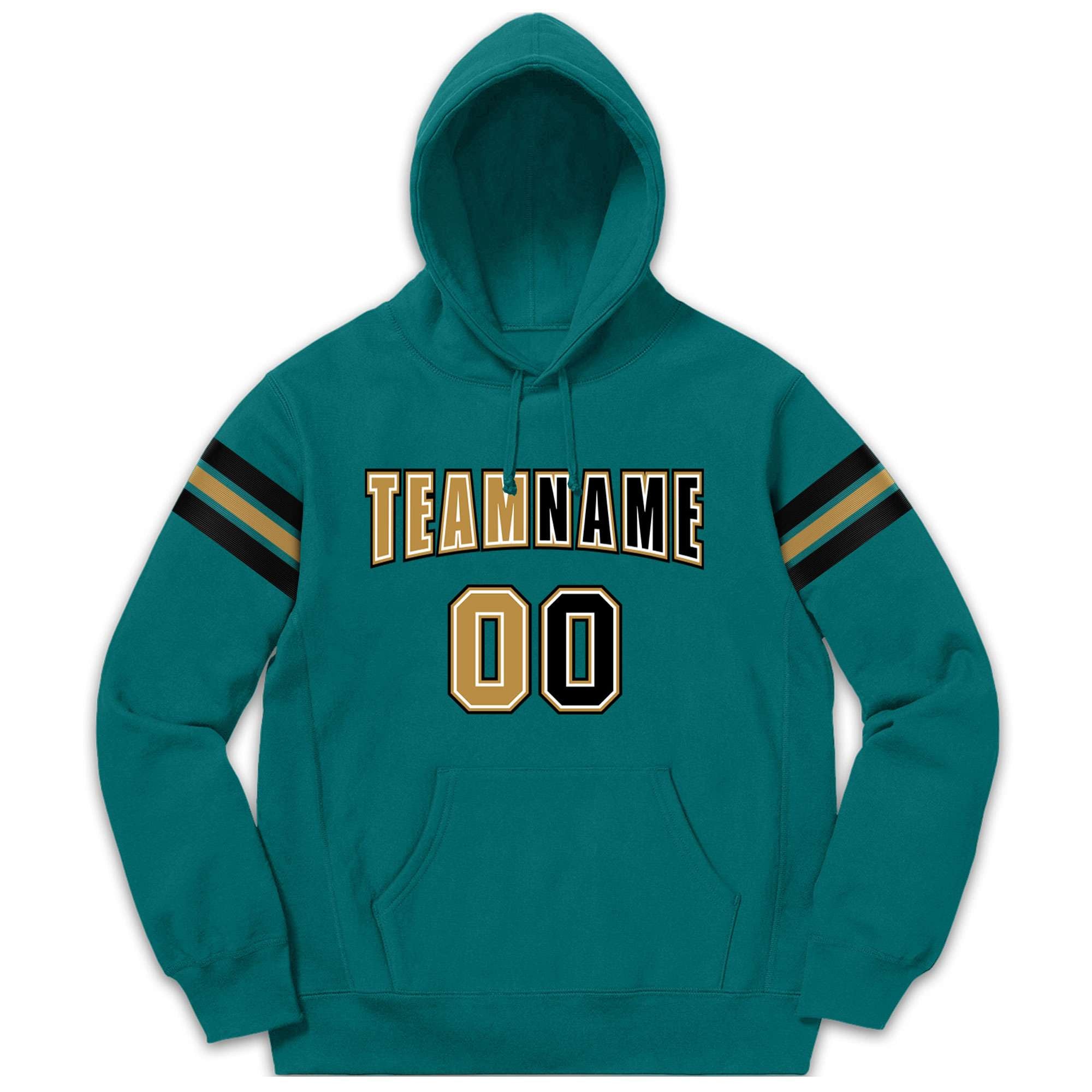 Custom Stitched Aqua Black-Old Gold Cotton Pullover Sweatshirt Hoodie