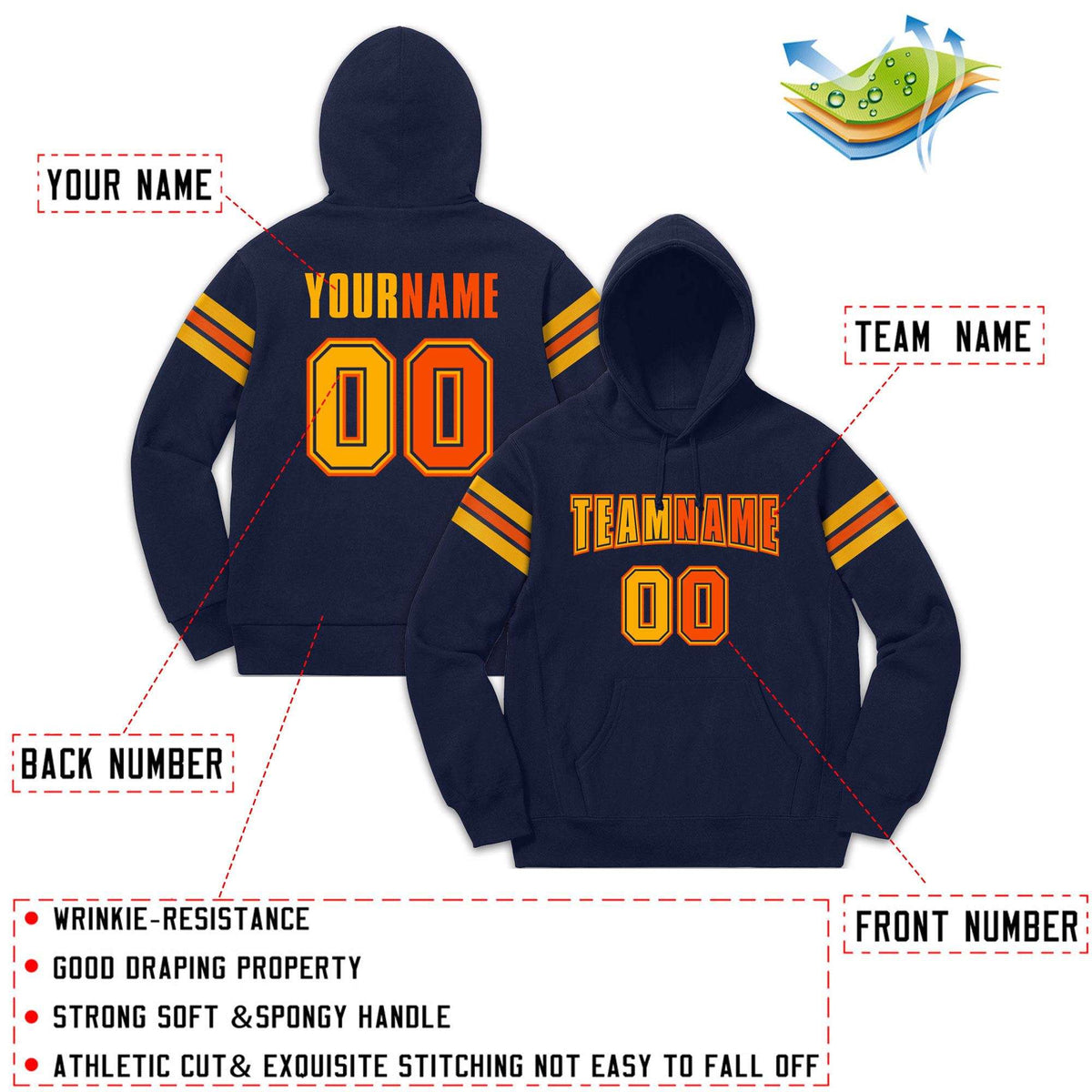 Custom Stitched Navy Yellow-Orange Cotton Pullover Sweatshirt Hoodie