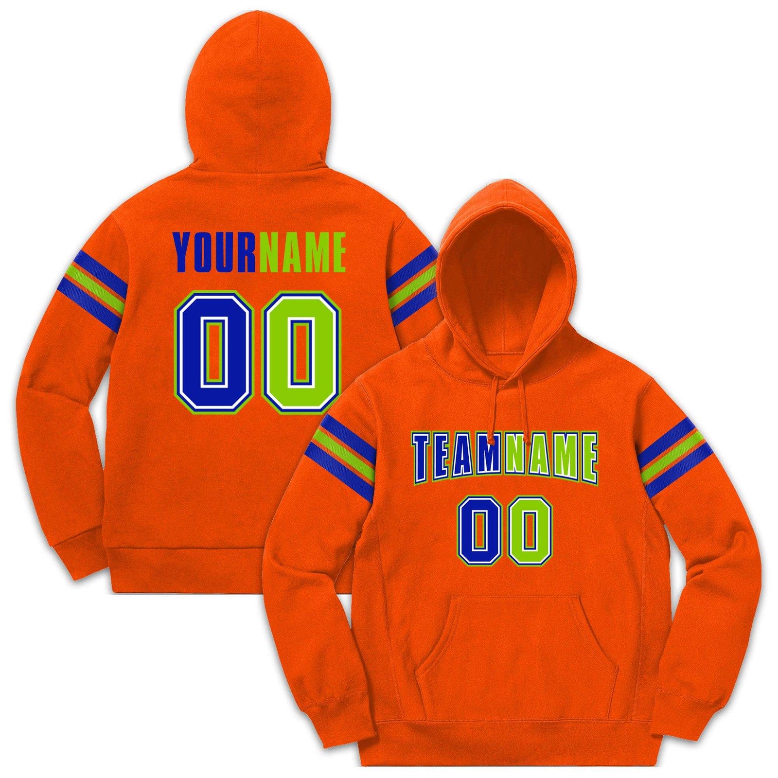 Custom Stitched Orange Royal-Neon Green Cotton Pullover Sweatshirt Hoodie
