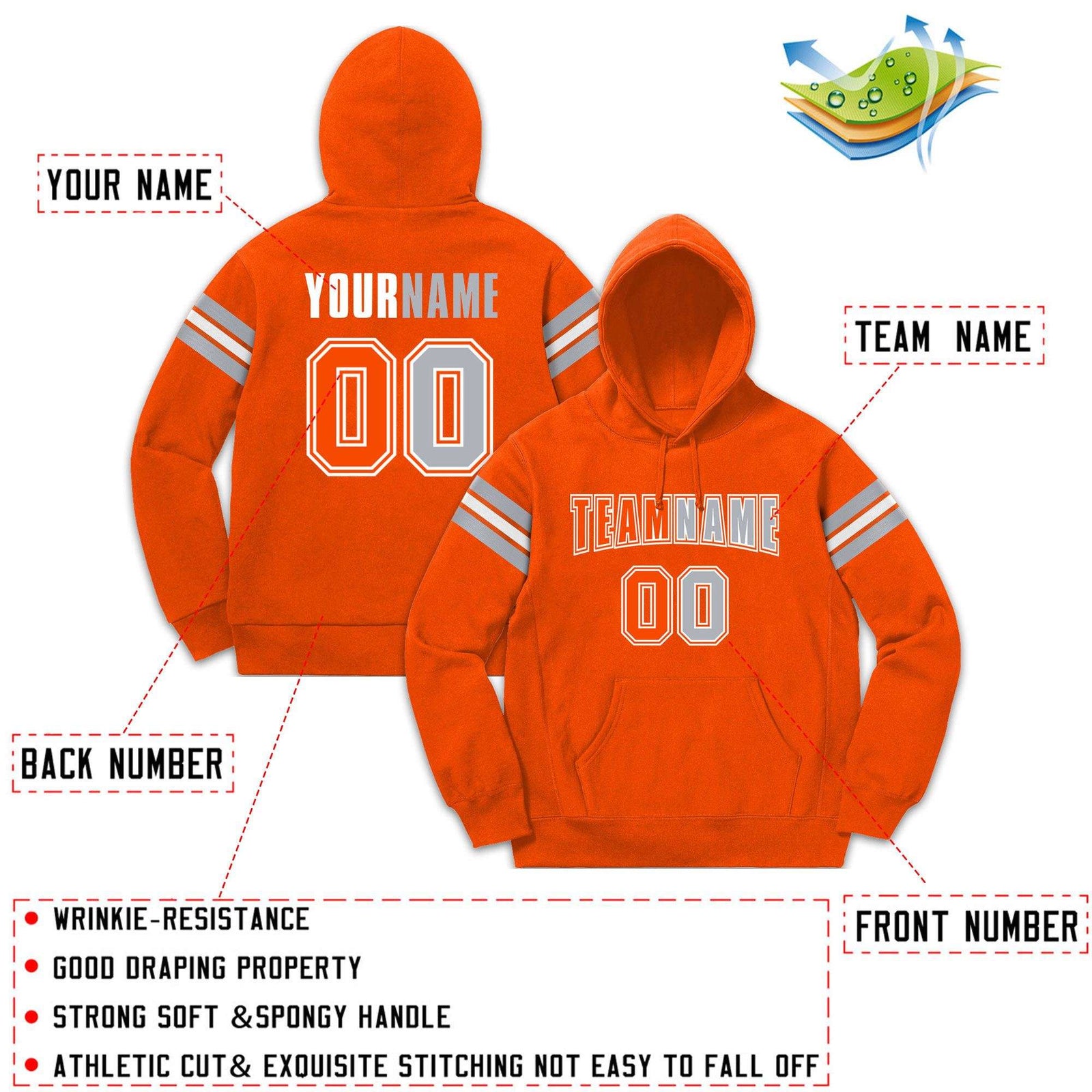 Custom Stitched Orange Gray-White Cotton Pullover Sweatshirt Hoodie