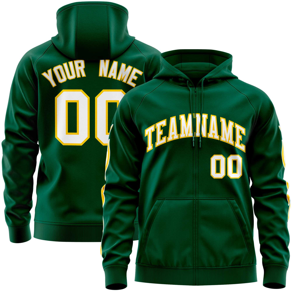 Custom Stitched Green White Sports Full-Zip Sweatshirt Hoodie with Flame