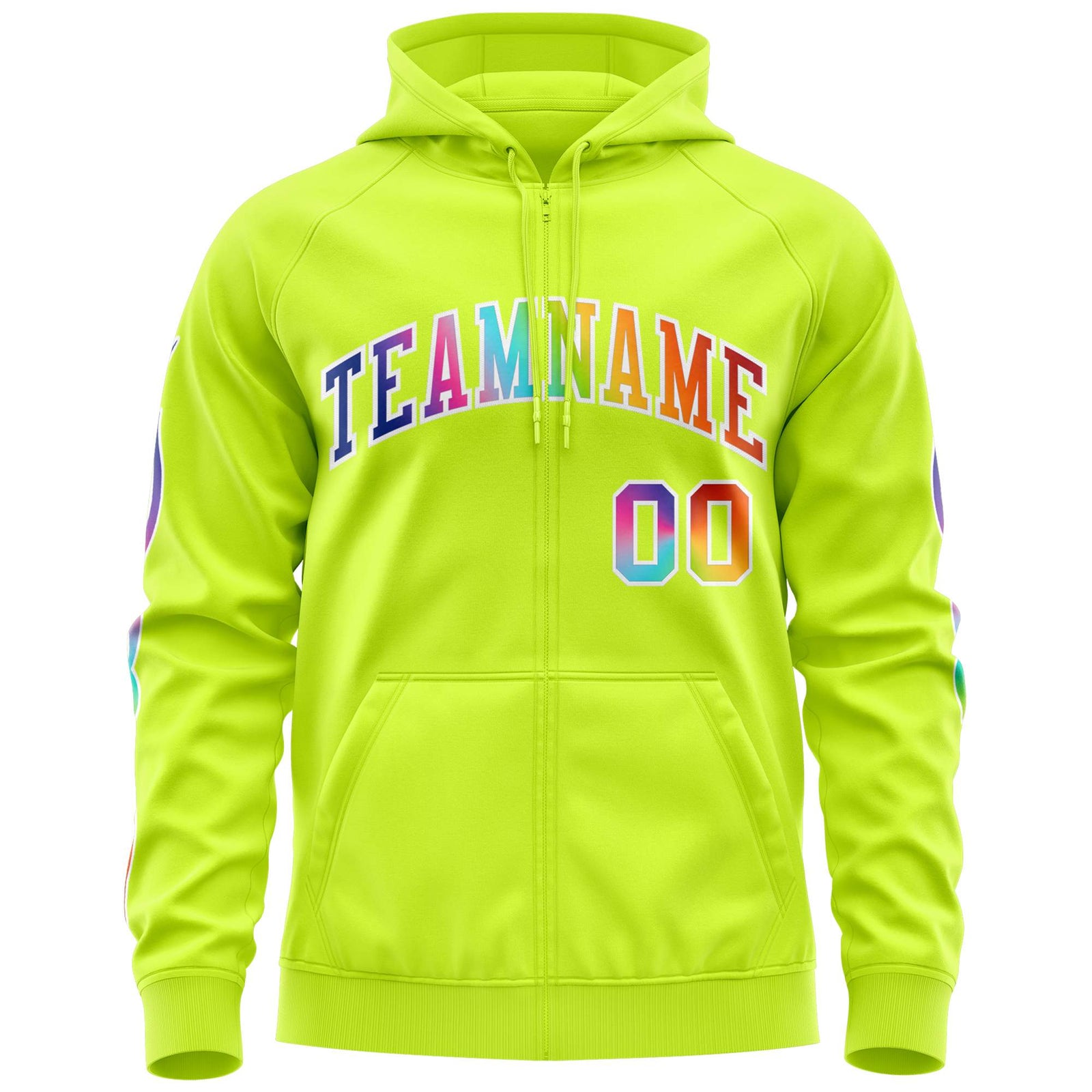 Custom Stitched Neon Green White Sports Full-Zip Sweatshirt Hoodie with Colored Flames