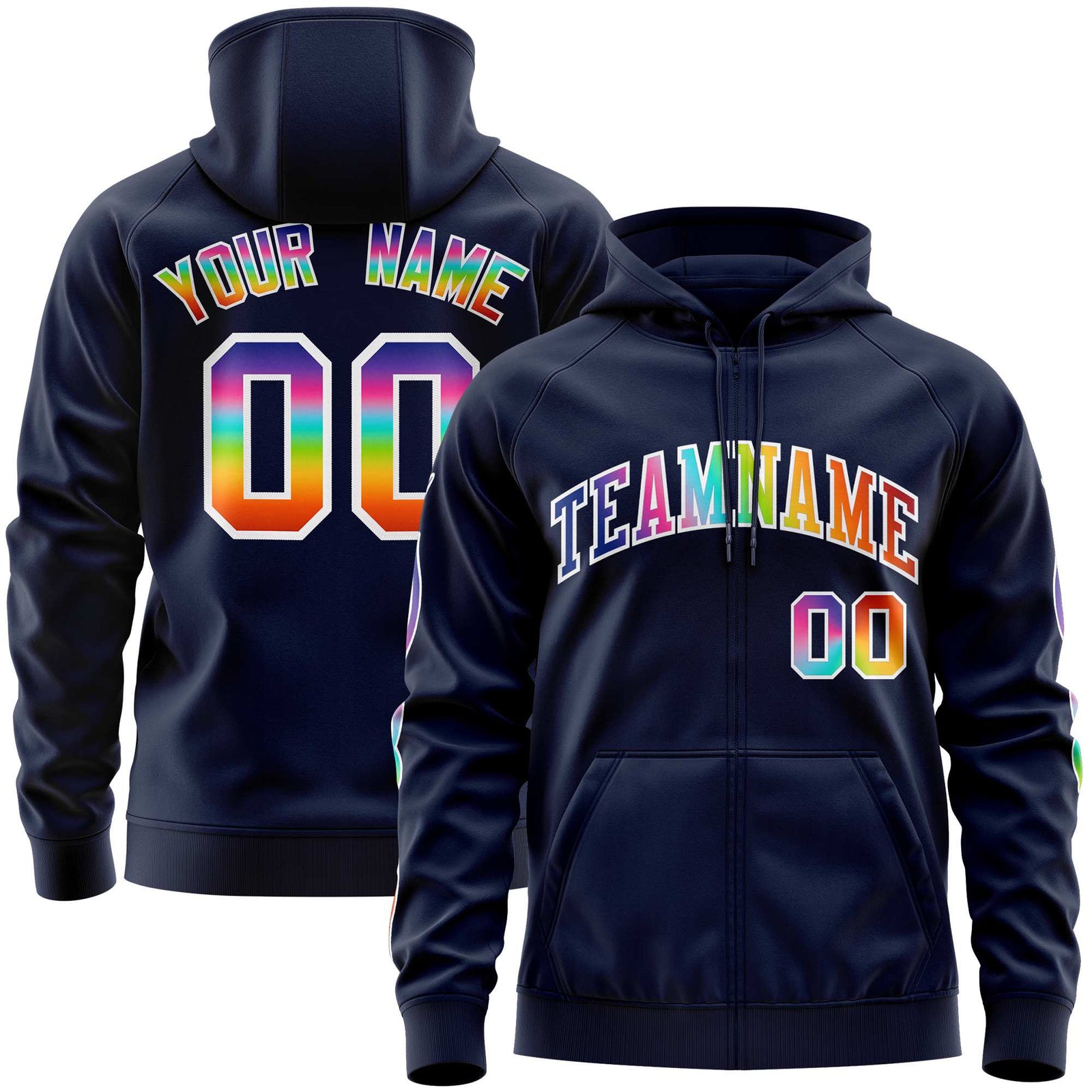 Custom Stitched Navy White Sports Full-Zip Sweatshirt Hoodie with Colored Flames