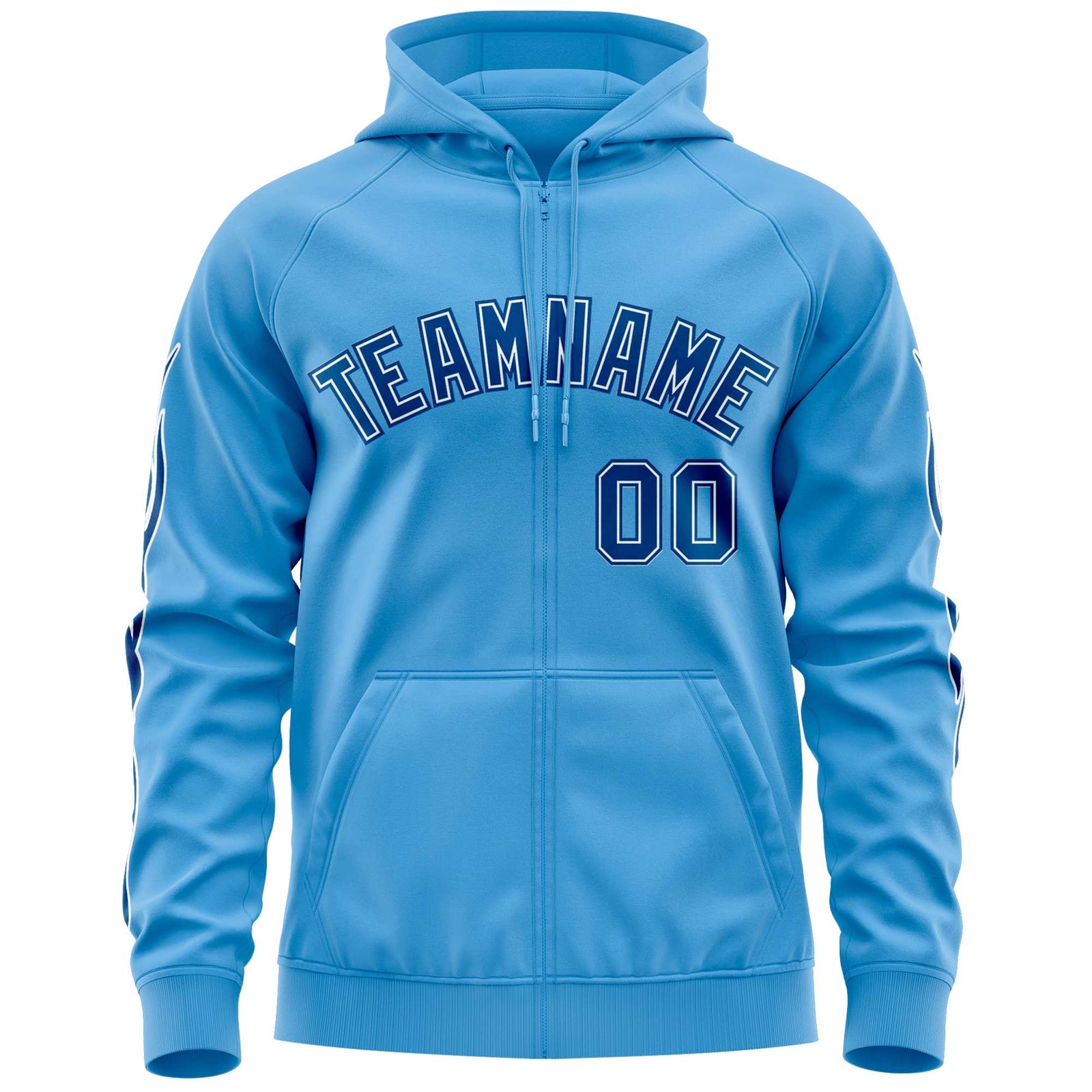 Custom Stitched Light Blue Royal Sports Full-Zip Sweatshirt Hoodie with Flame