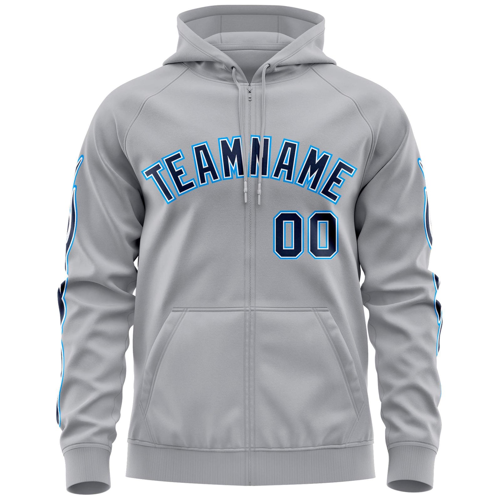 Custom Stitched Gray Navy Sports Full-Zip Sweatshirt Hoodie with Flame