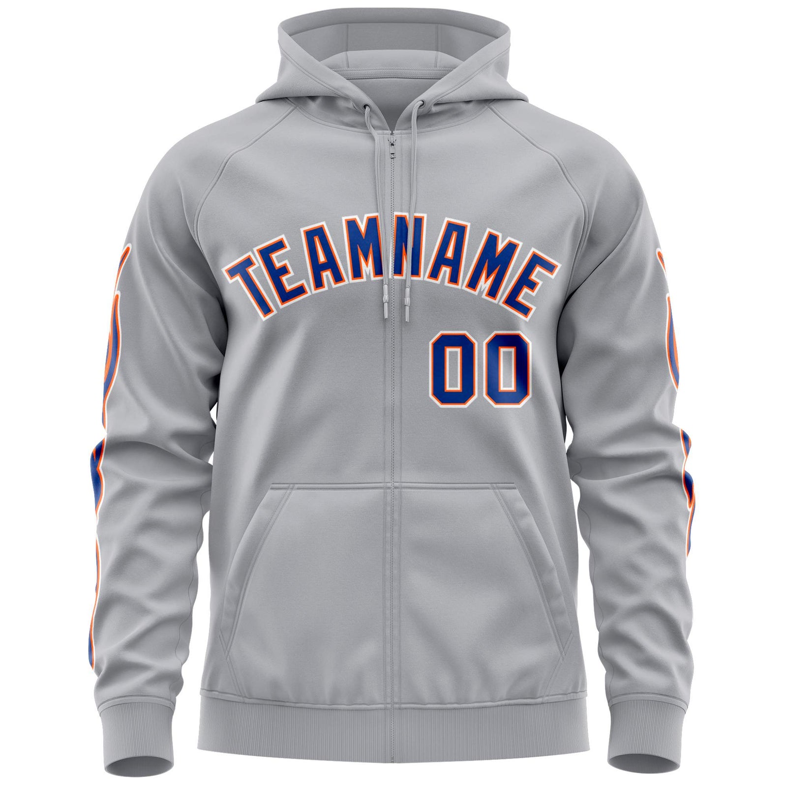 Custom Stitched Gray Royal Sports Full-Zip Sweatshirt Hoodie with Flame