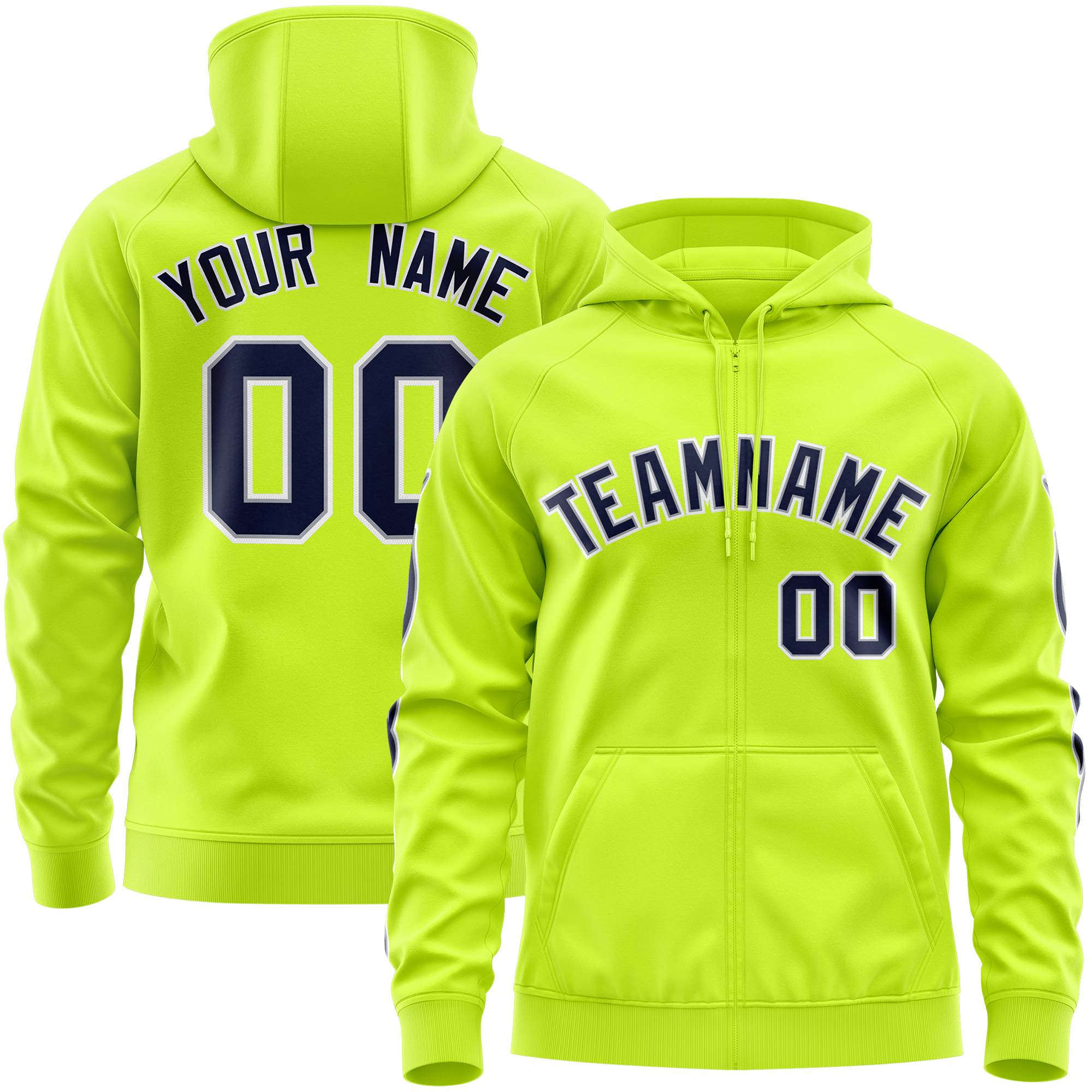 Custom Stitched Neon Green Navy Sports Full-Zip Sweatshirt Hoodie with Flame