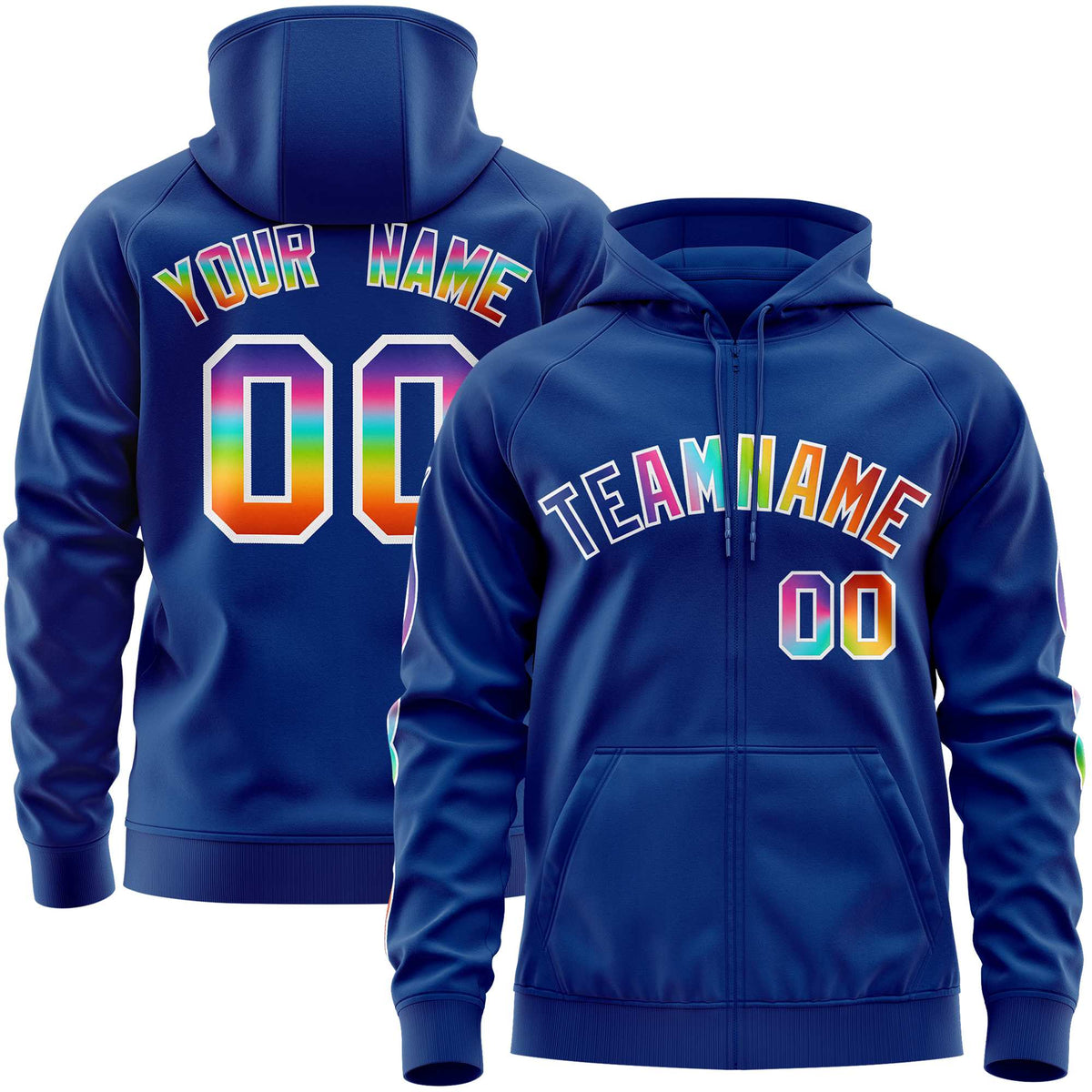 Custom Stitched Royal White Sports Full-Zip Sweatshirt Hoodie with Colored Flames