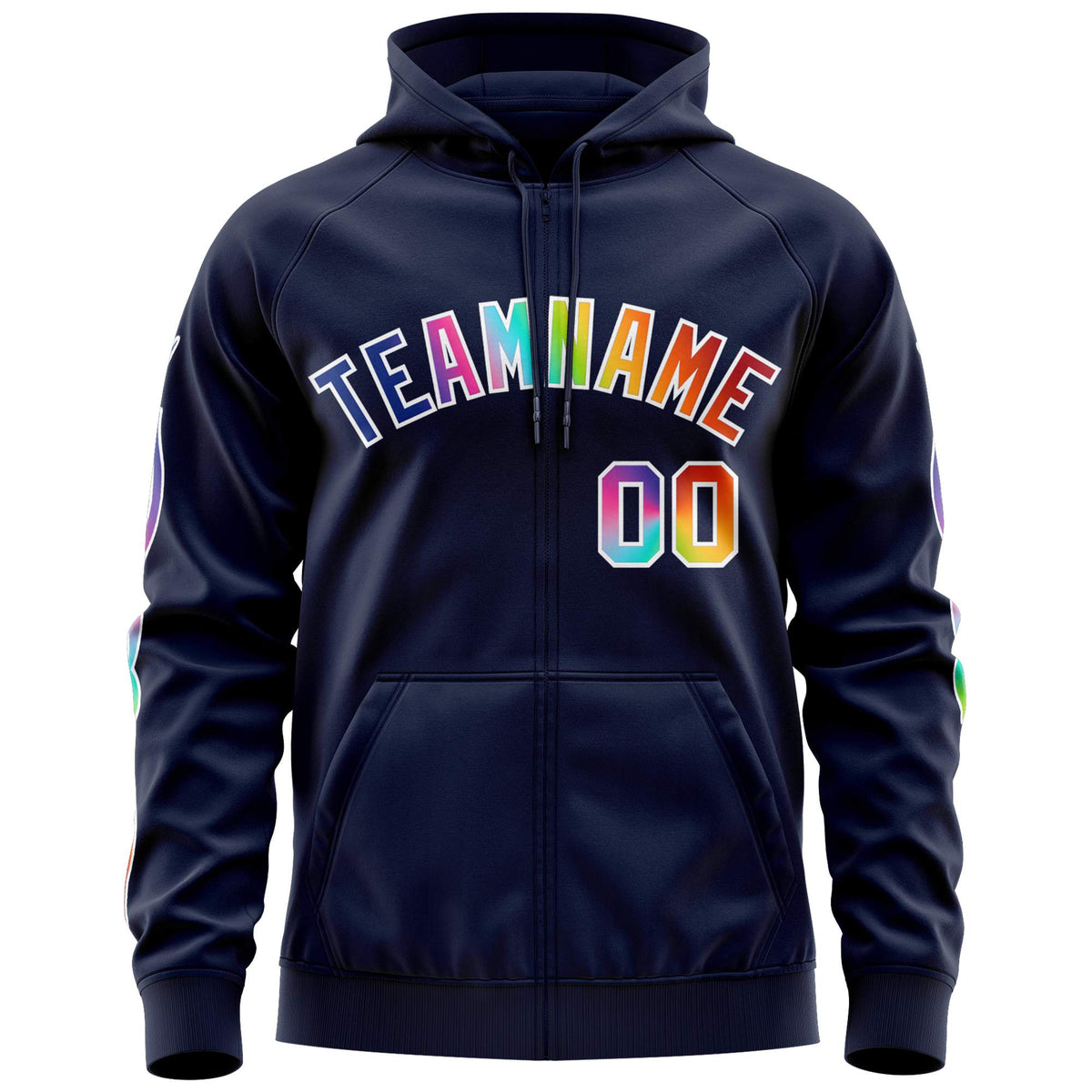 Custom Stitched Navy White Sports Full-Zip Sweatshirt Hoodie with Colored Flames