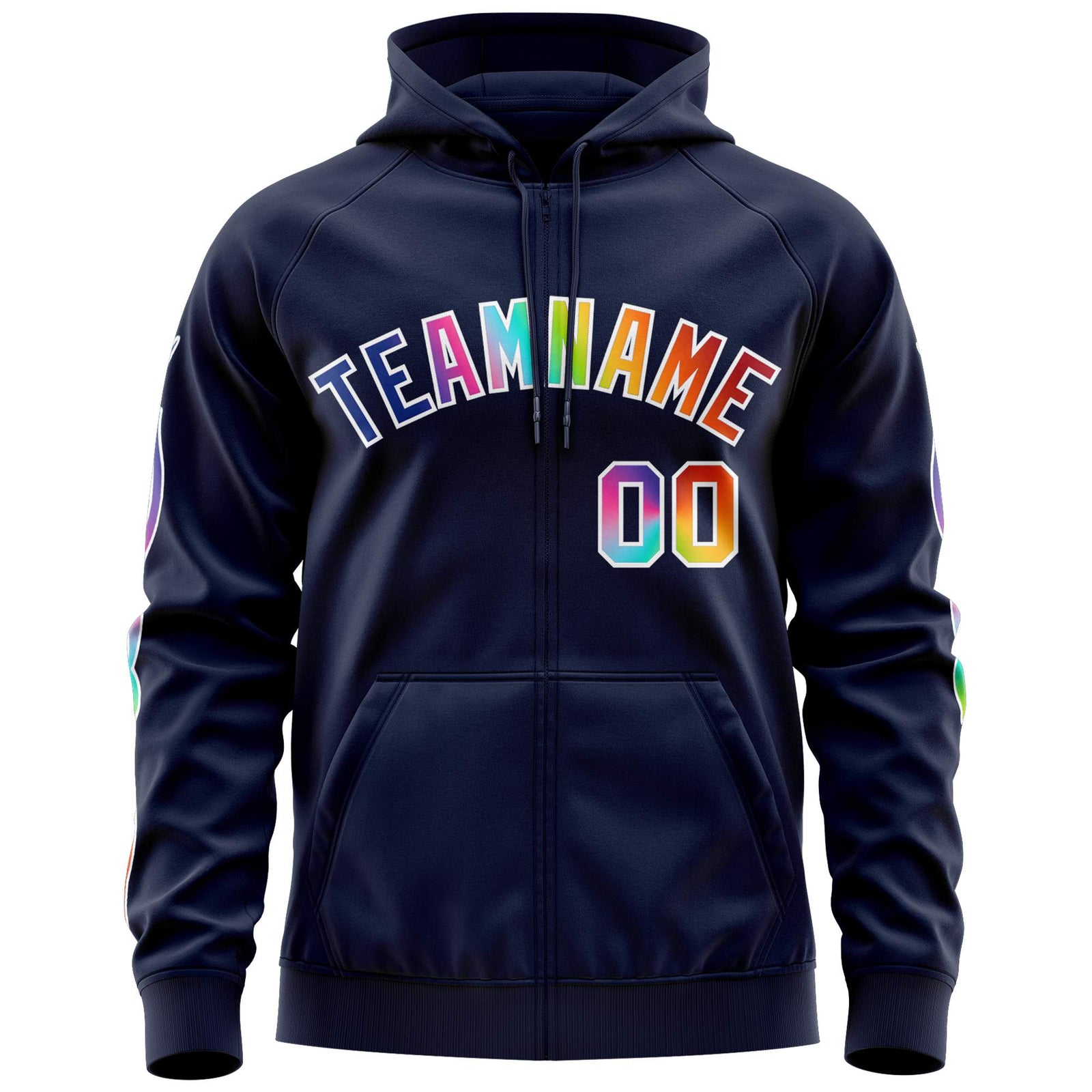 Custom Stitched Navy White Sports Full-Zip Sweatshirt Hoodie with Colored Flames