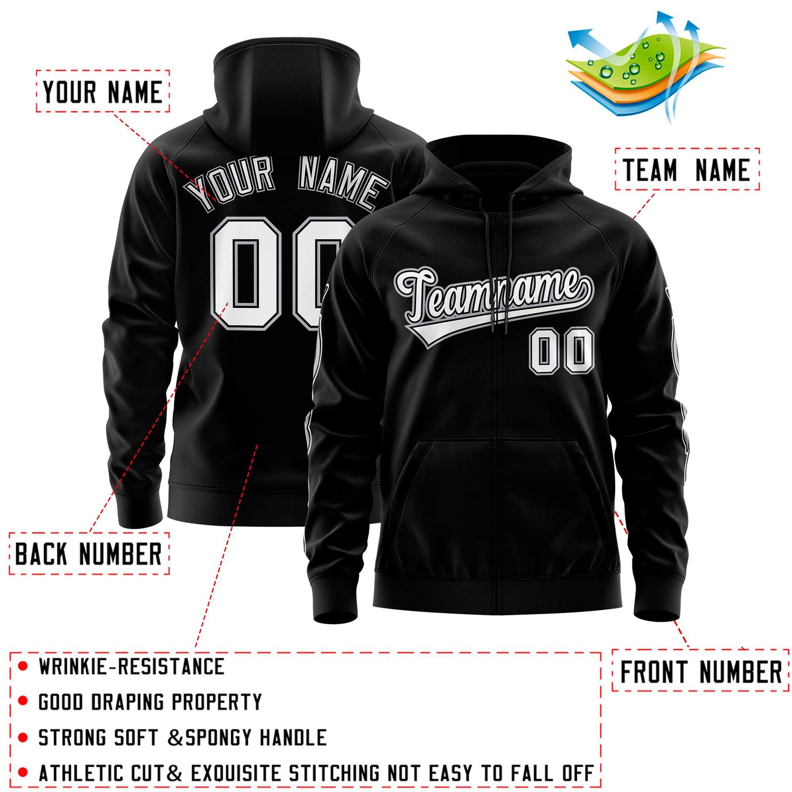 Custom Stitched Black White Sports Full-Zip Sweatshirt Hoodie with Flame