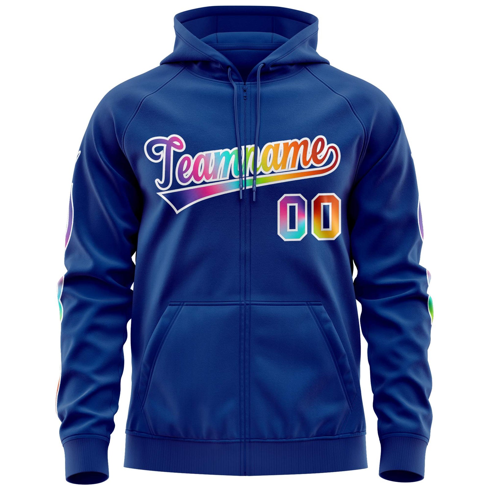 Custom Stitched Royal White Sports Full-Zip Sweatshirt Hoodie with Colored Flames
