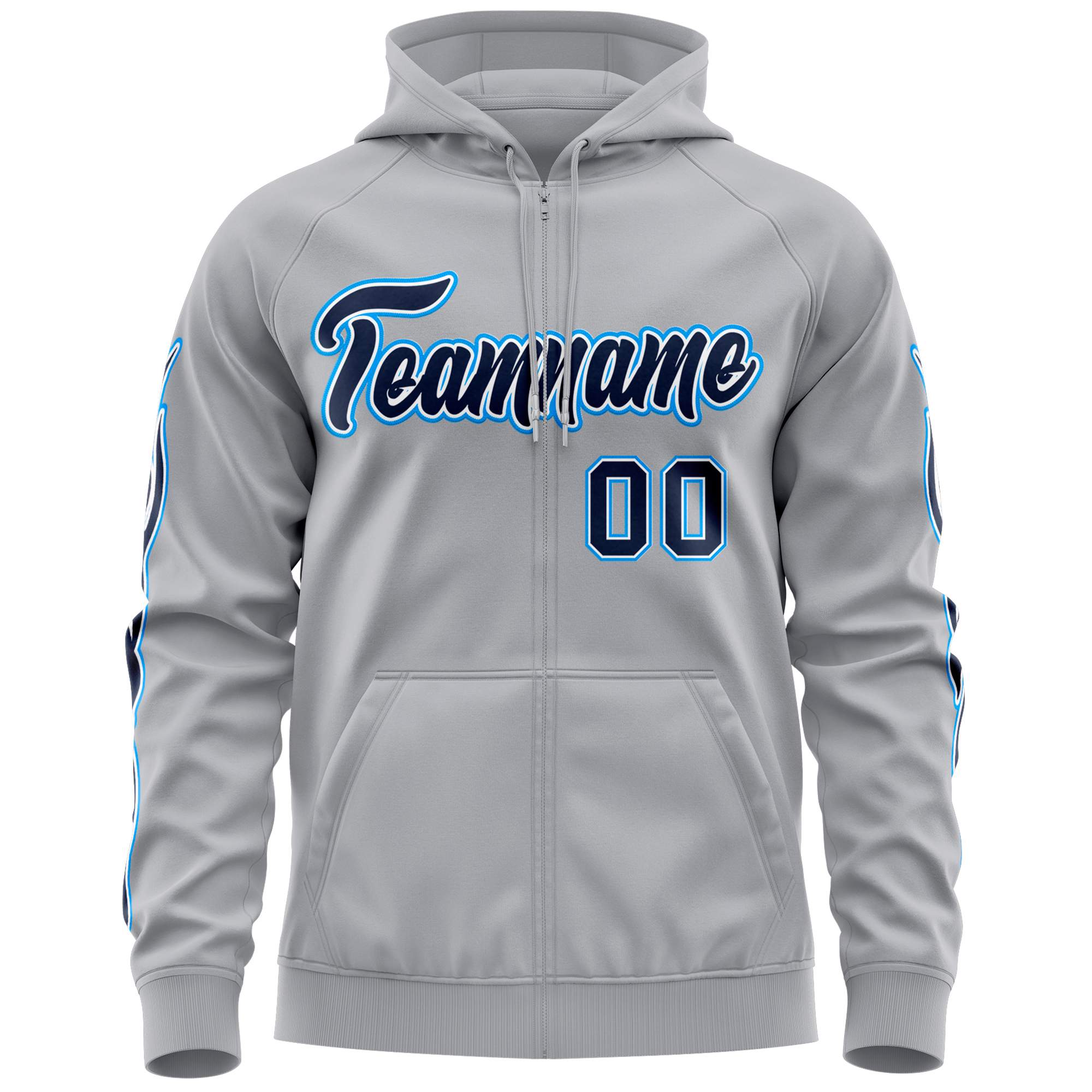 Custom Stitched Gray Navy Sports Full-Zip Sweatshirt Hoodie with Flame