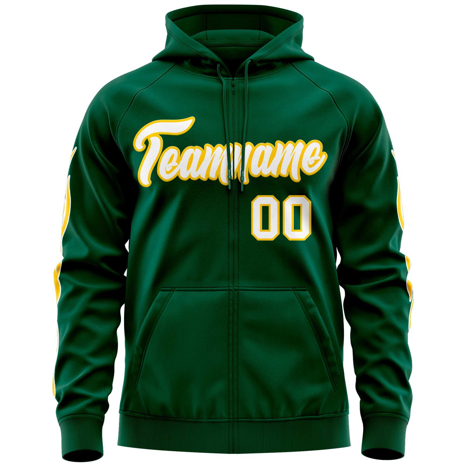 Custom Stitched Green White Sports Full-Zip Sweatshirt Hoodie with Flame