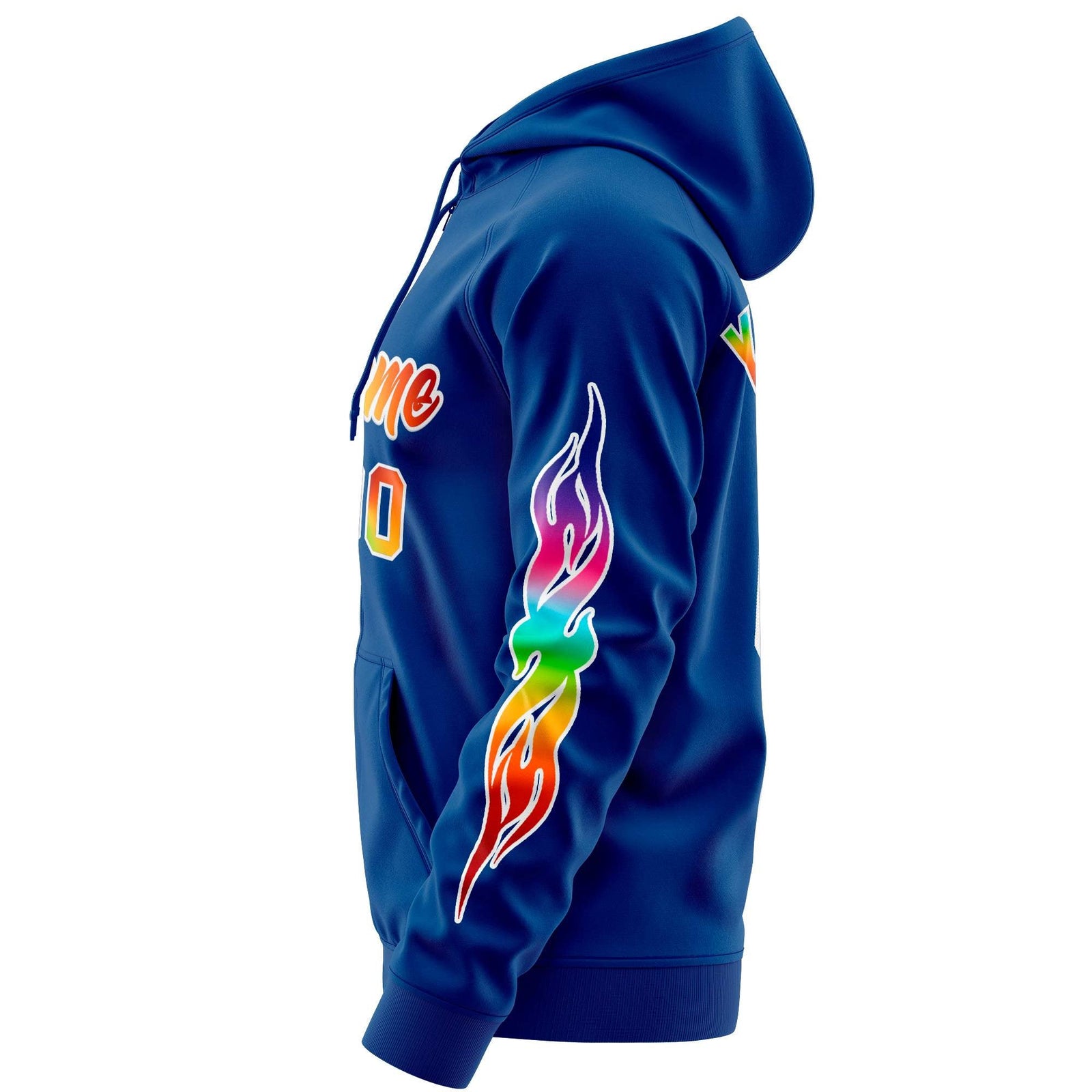 Custom Stitched Royal White Sports Full-Zip Sweatshirt Hoodie with Colored Flames
