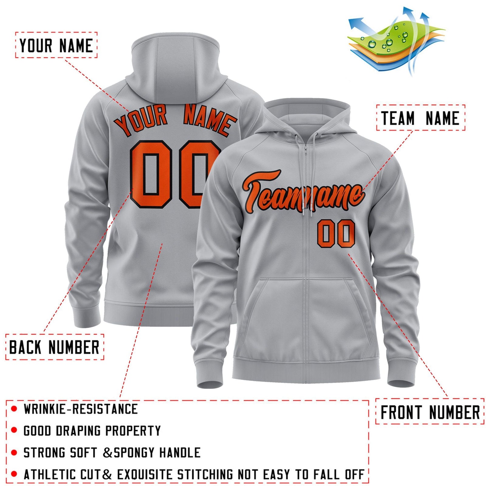 Custom Stitched Gray Orange-Black Sports Full-Zip Sweatshirt Hoodie
