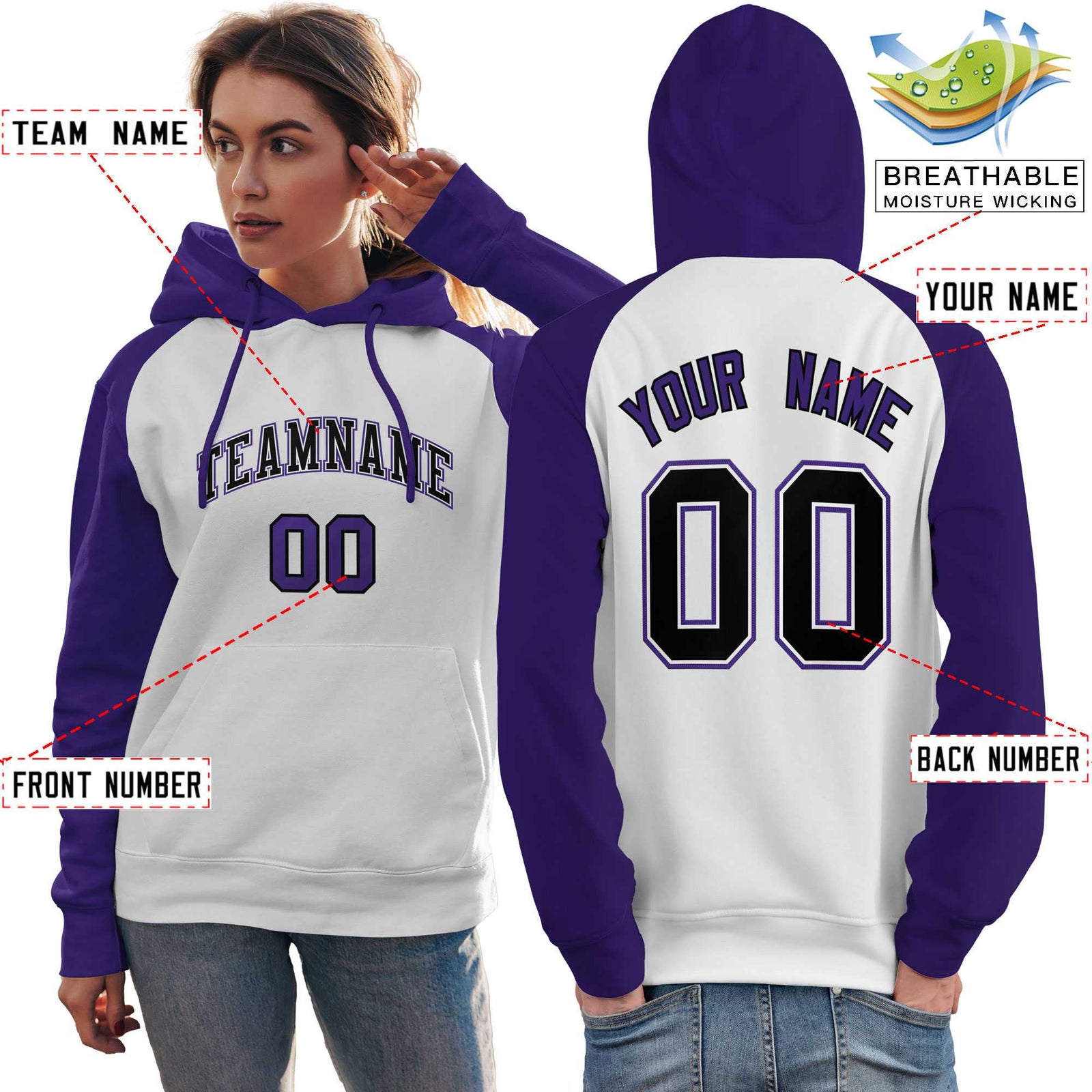 Custom Stitched White Purple-Black Raglan Sleeves Sports Pullover Sweatshirt Hoodie For Women