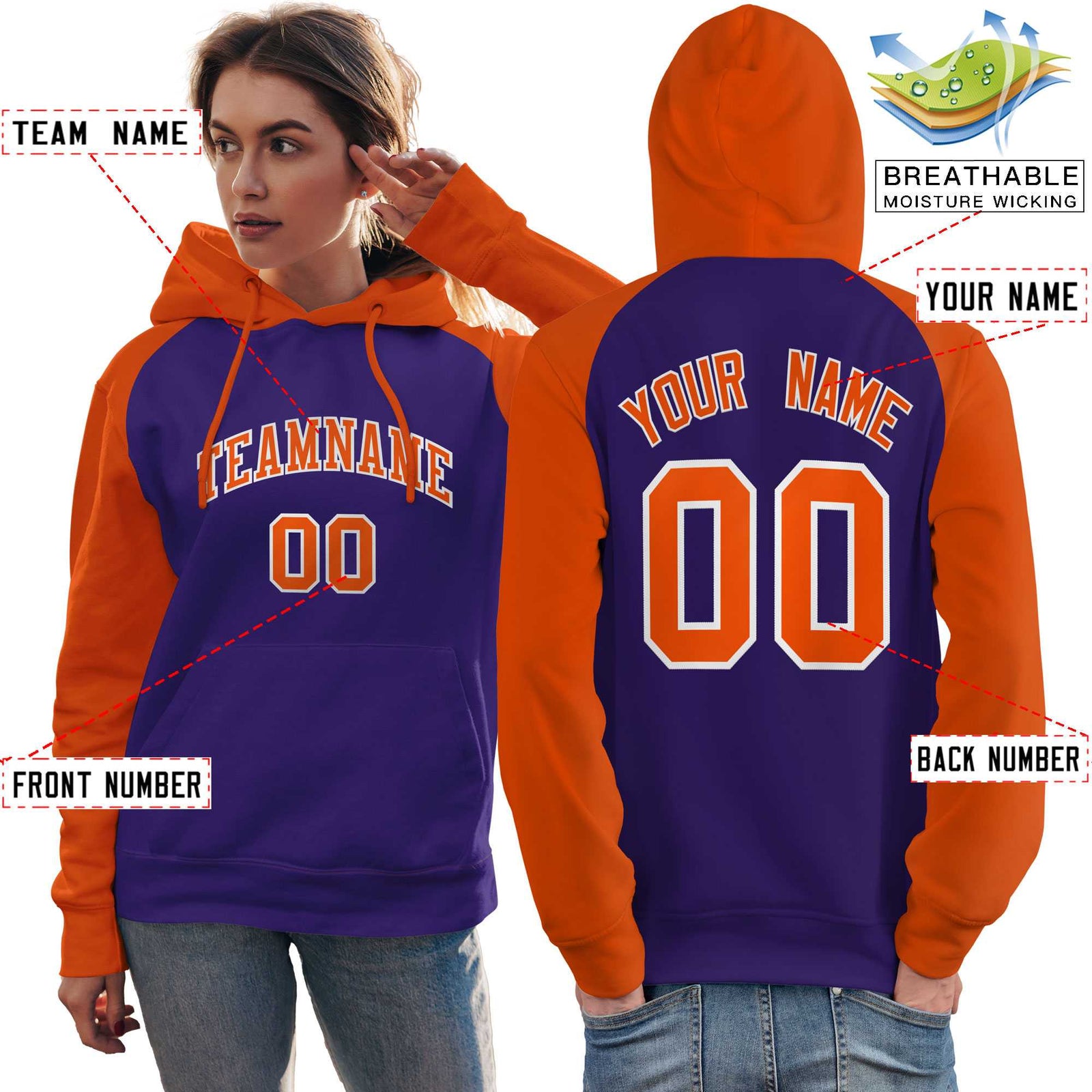 Custom Stitched Purple Orange Raglan Sleeves Sports Pullover Sweatshirt Hoodie For Women