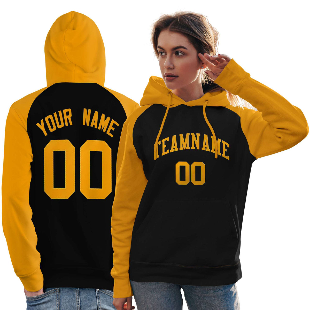 Custom Stitched Black Gold Raglan Sleeves Sports Pullover Sweatshirt Hoodie For Women