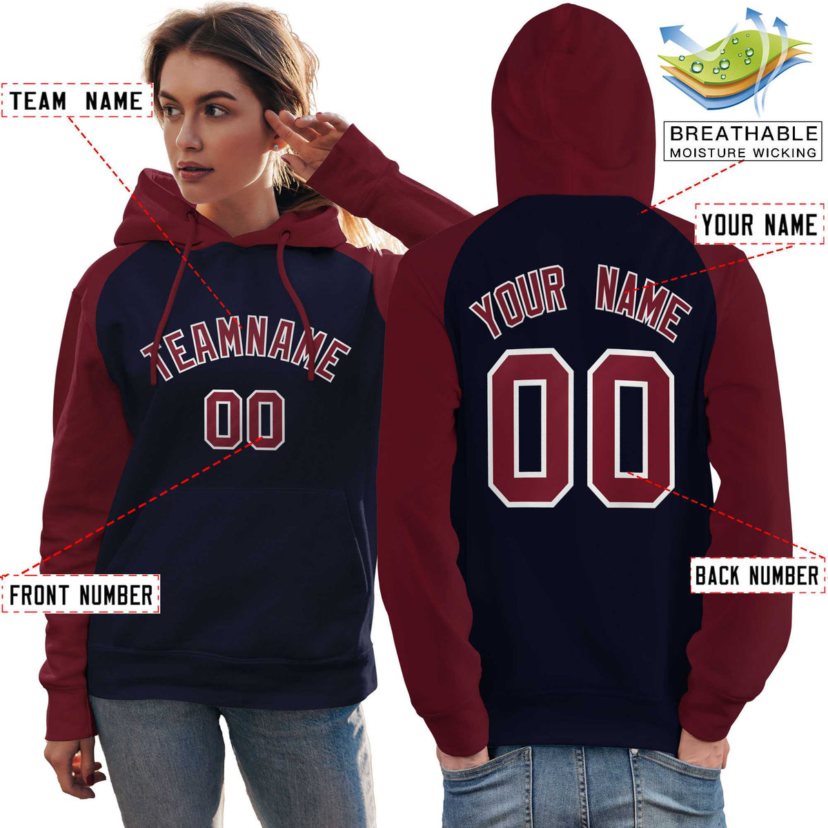 Custom Stitched Navy Crimson Raglan Sleeves Sports Pullover Sweatshirt Hoodie For Women