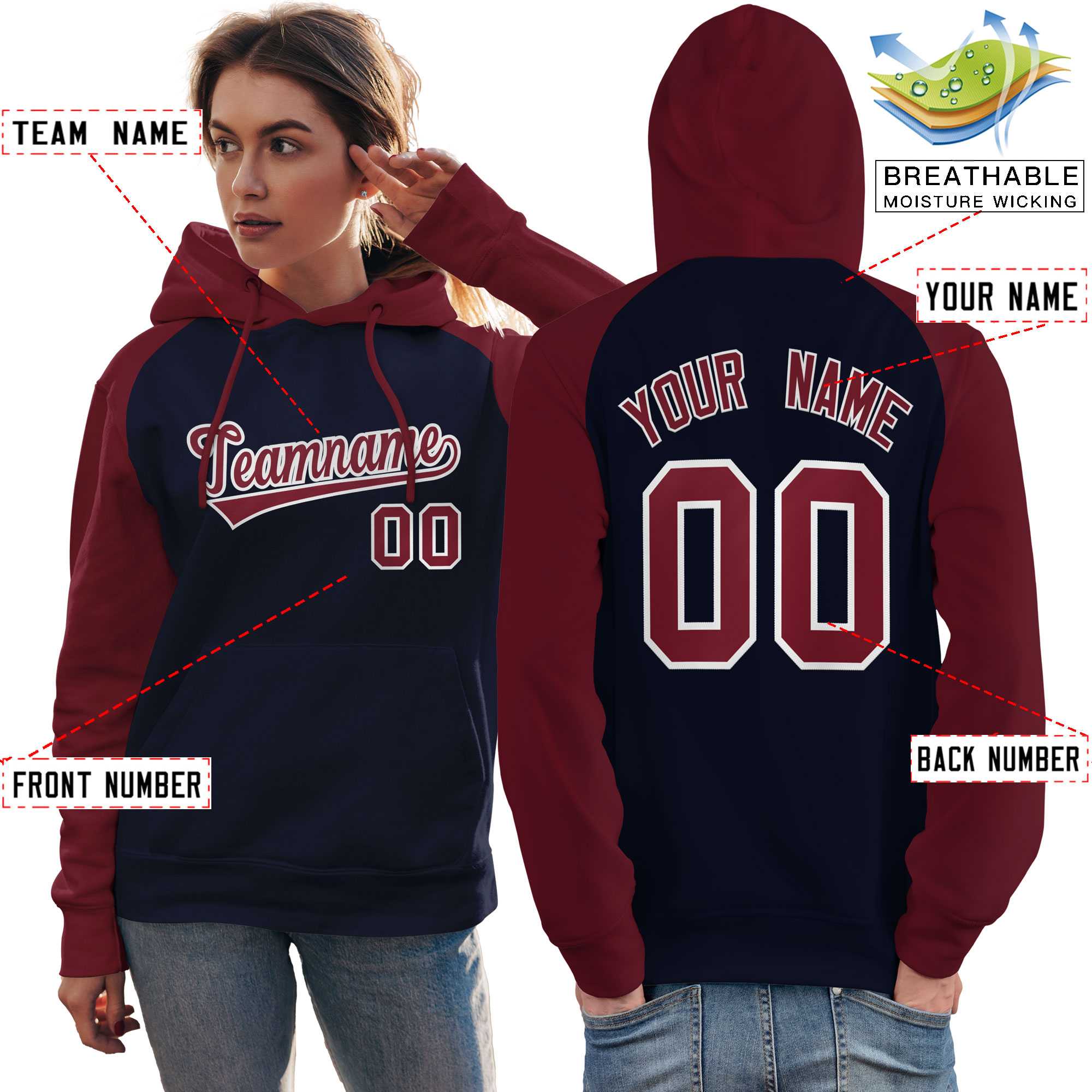 Custom Stitched Navy Crimson Raglan Sleeves Sports Pullover Sweatshirt Hoodie For Women