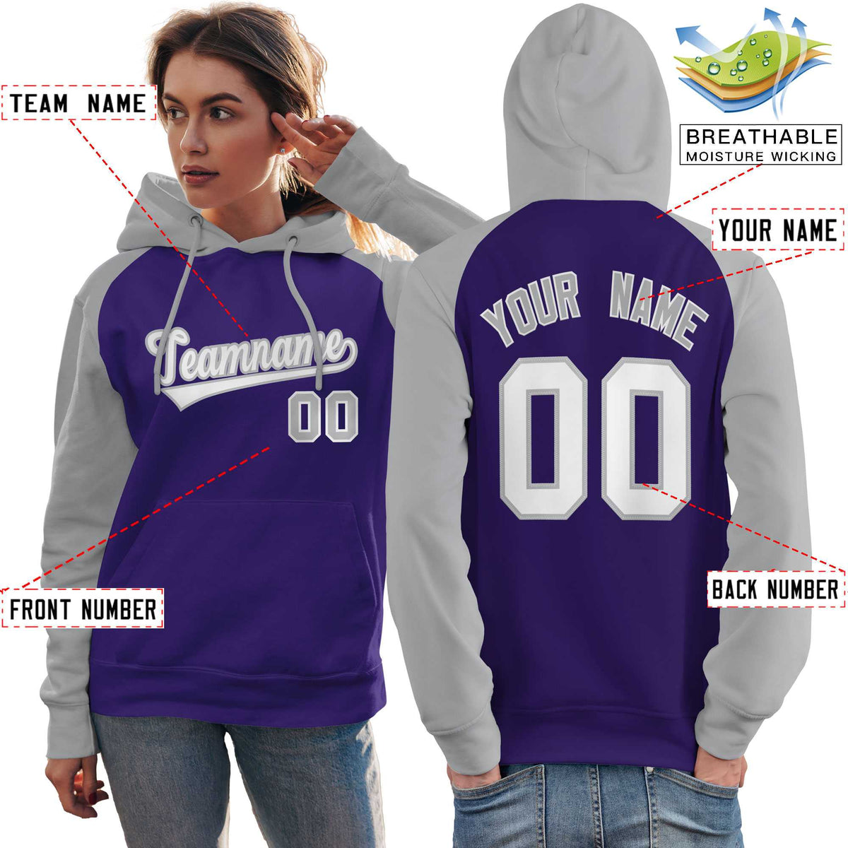 Custom Stitched Purple Gray-White Raglan Sleeves Sports Pullover Sweatshirt Hoodie For Women