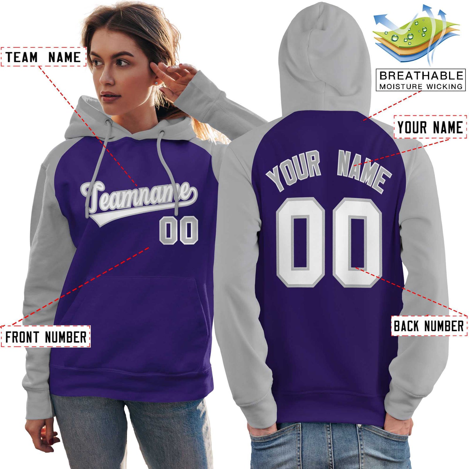 Custom Stitched Purple Gray-White Raglan Sleeves Sports Pullover Sweatshirt Hoodie For Women