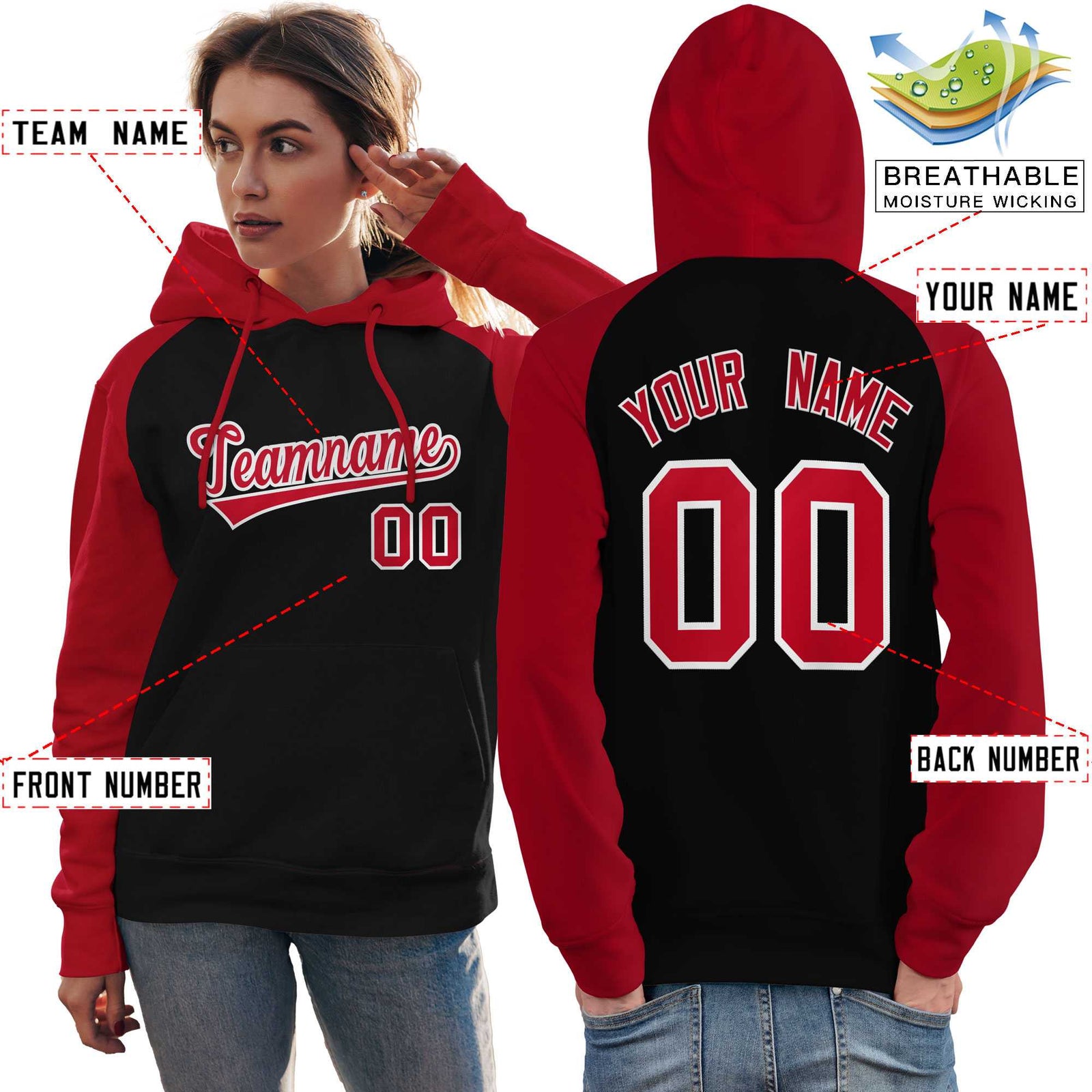 Custom Stitched Black Red Raglan Sleeves Sports Pullover Sweatshirt Hoodie For Women