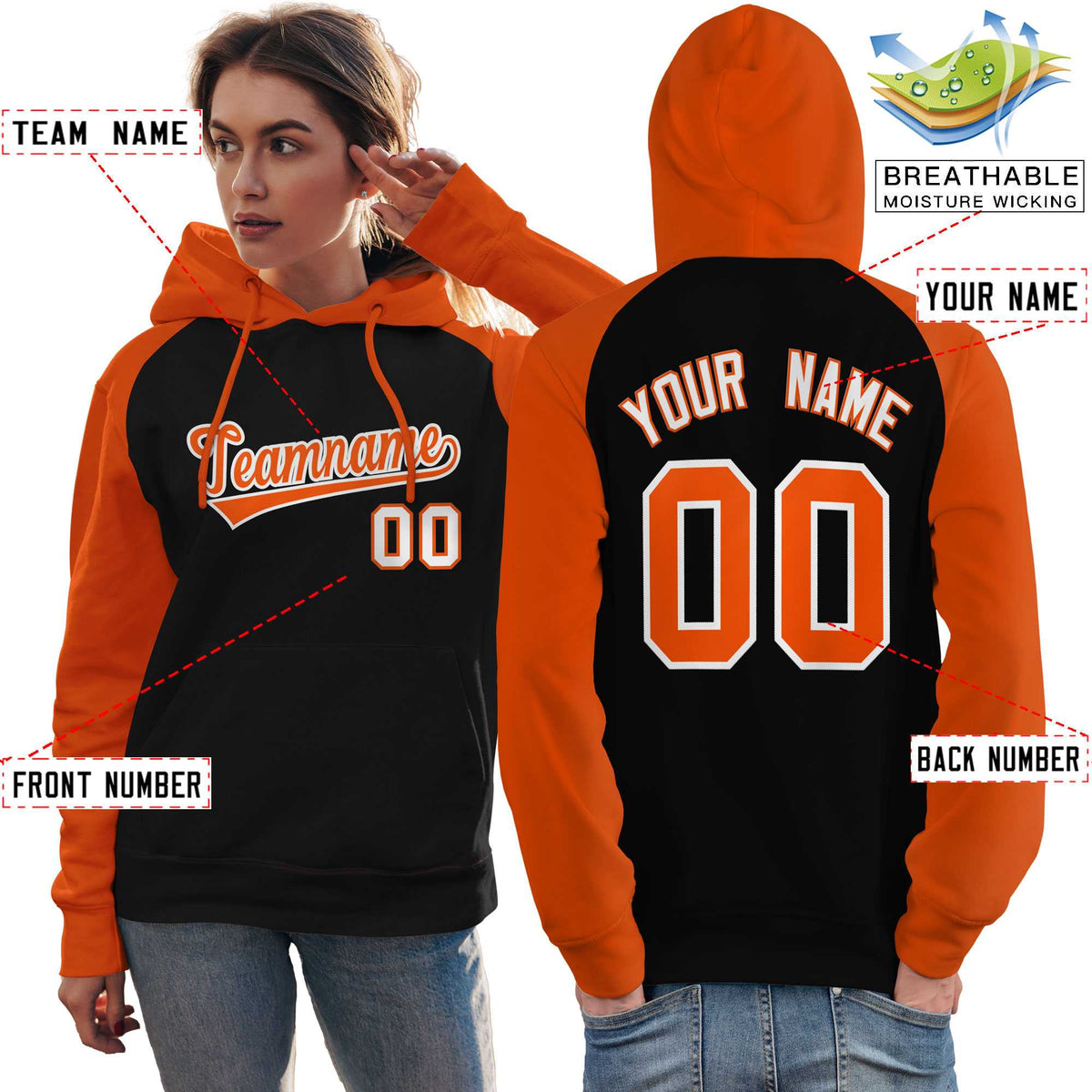 Custom Stitched Black Orange Raglan Sleeves Sports Pullover Sweatshirt Hoodie For Women