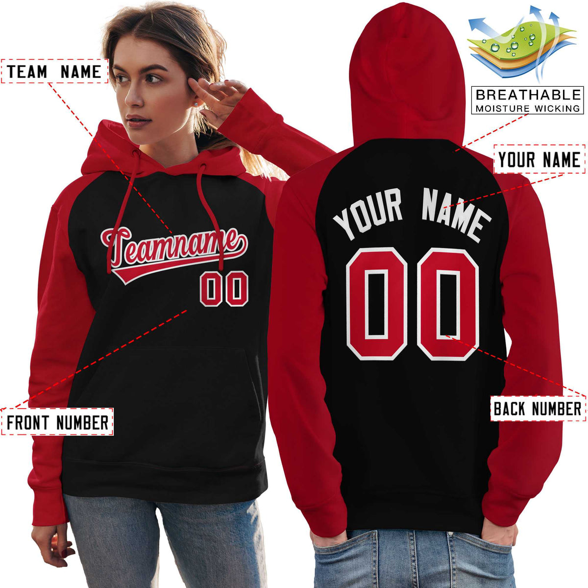 Custom Stitched Black Red Raglan Sleeves Sports Pullover Sweatshirt Hoodie For Women