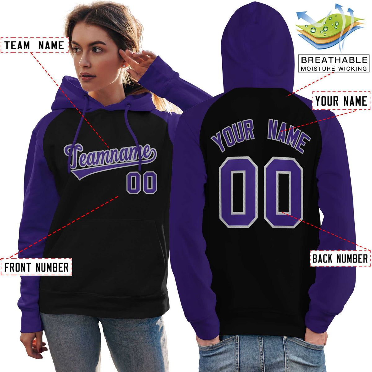 Custom Stitched Black Purple Raglan Sleeves Sports Pullover Sweatshirt Hoodie For Women