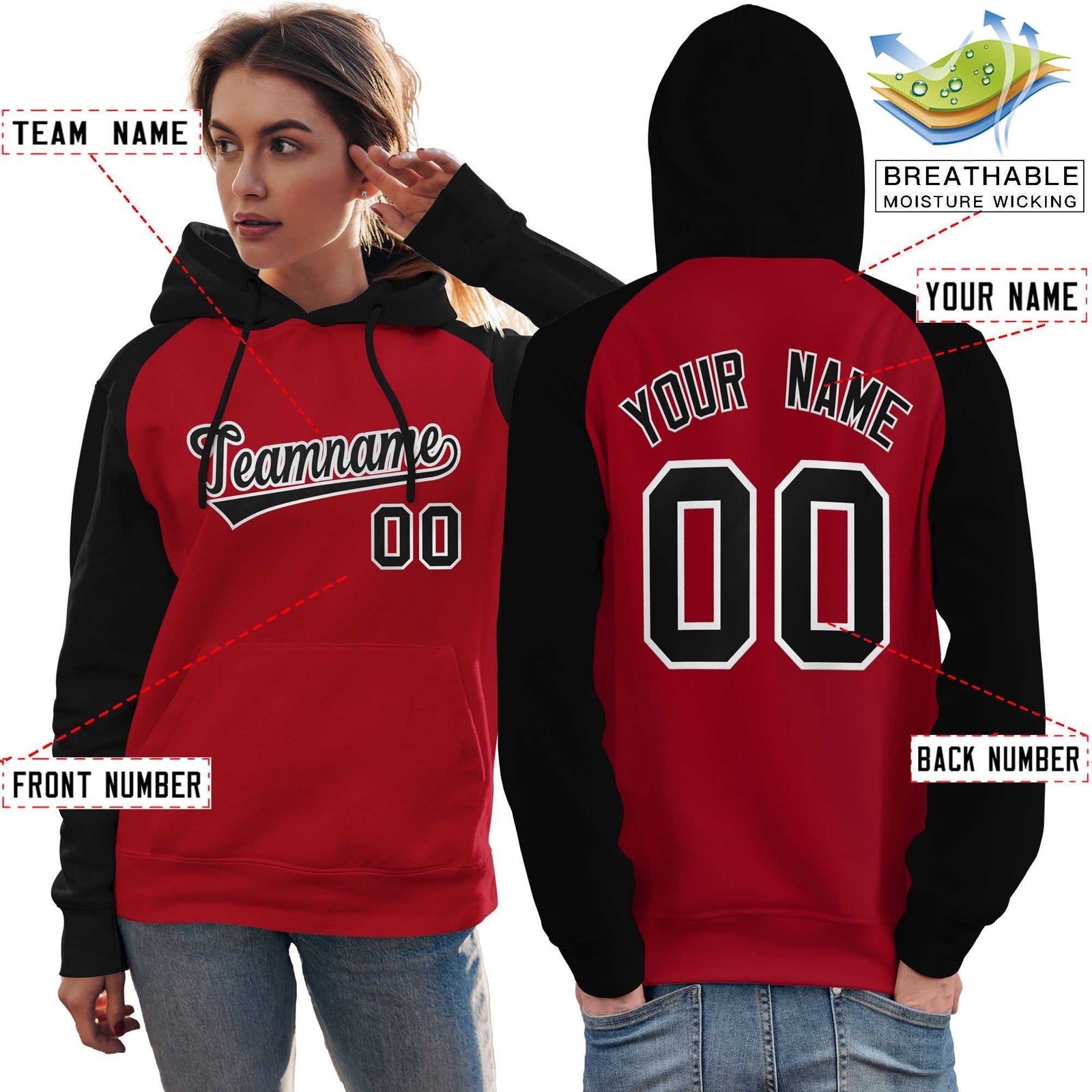 Custom Stitched Red Black Raglan Sleeves Sports Pullover Sweatshirt Hoodie For Women
