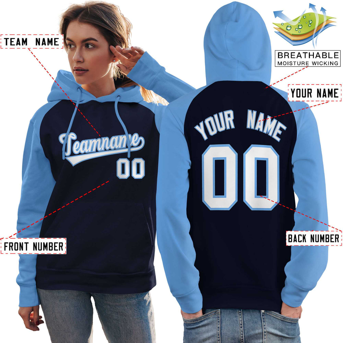 Custom Stitched Navy Powder Blue-White Raglan Sleeves Sports Pullover Sweatshirt Hoodie For Women