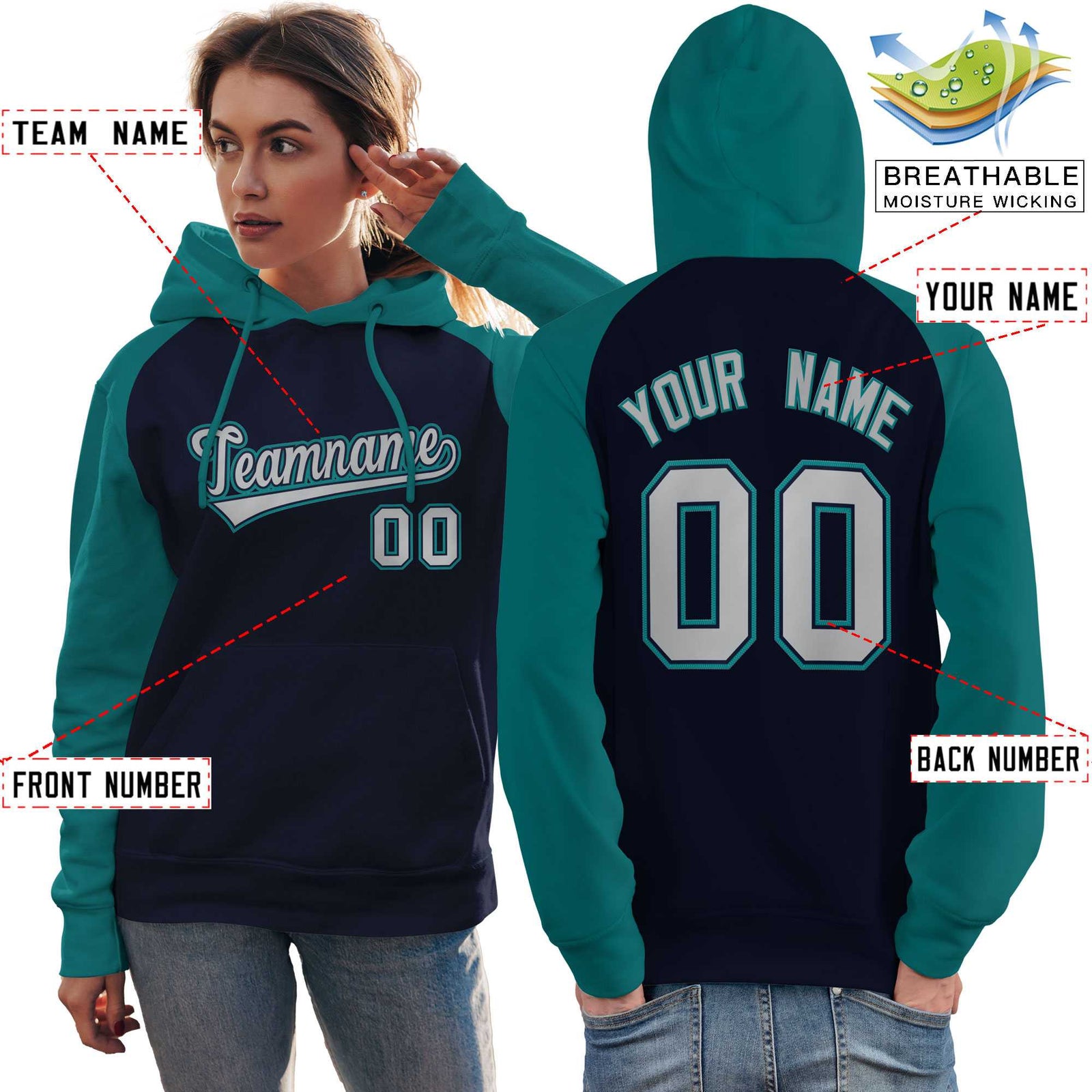 Custom Stitched Navy Aqua-Gray Raglan Sleeves Sports Pullover Sweatshirt Hoodie For Women