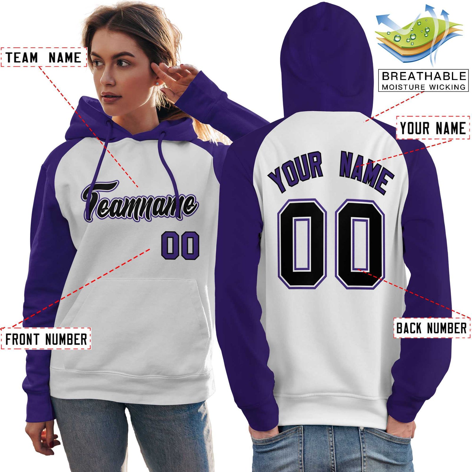 Custom Stitched White Purple-Black Raglan Sleeves Sports Pullover Sweatshirt Hoodie For Women