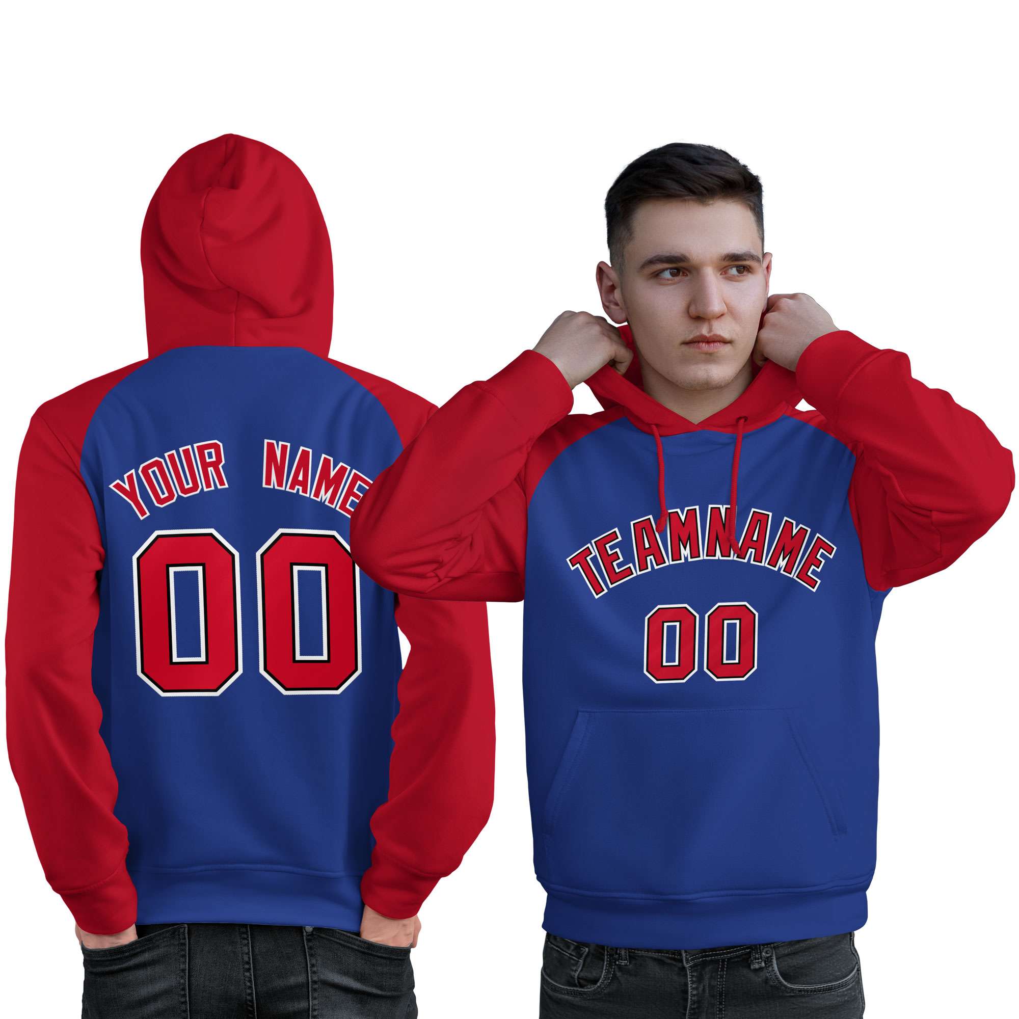 Custom Stitched Royal Red Raglan Sleeves Sports Pullover Sweatshirt Hoodie For Men