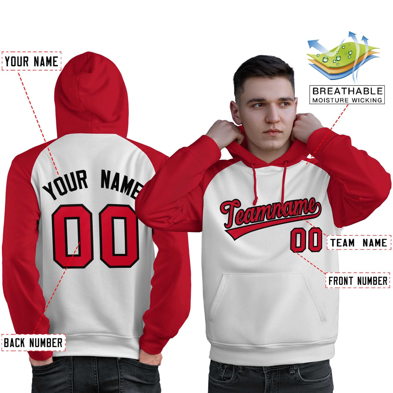 Custom Stitched White Red Raglan Sleeves Sports Pullover Sweatshirt Hoodie For Men