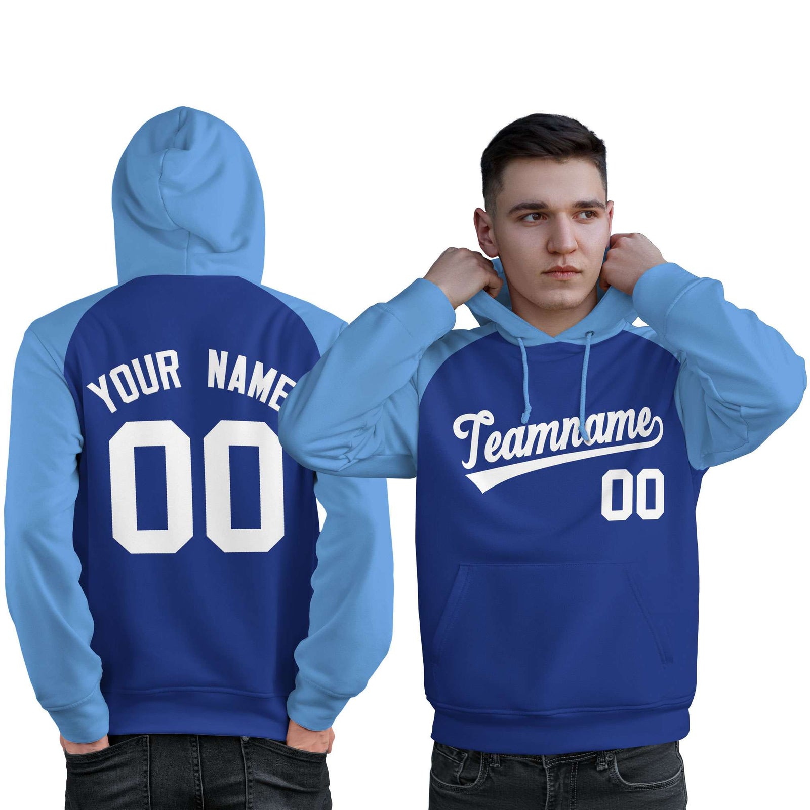 Custom Stitched Royal Powder Blue-White Raglan Sleeves Sports Pullover Sweatshirt Hoodie For Men