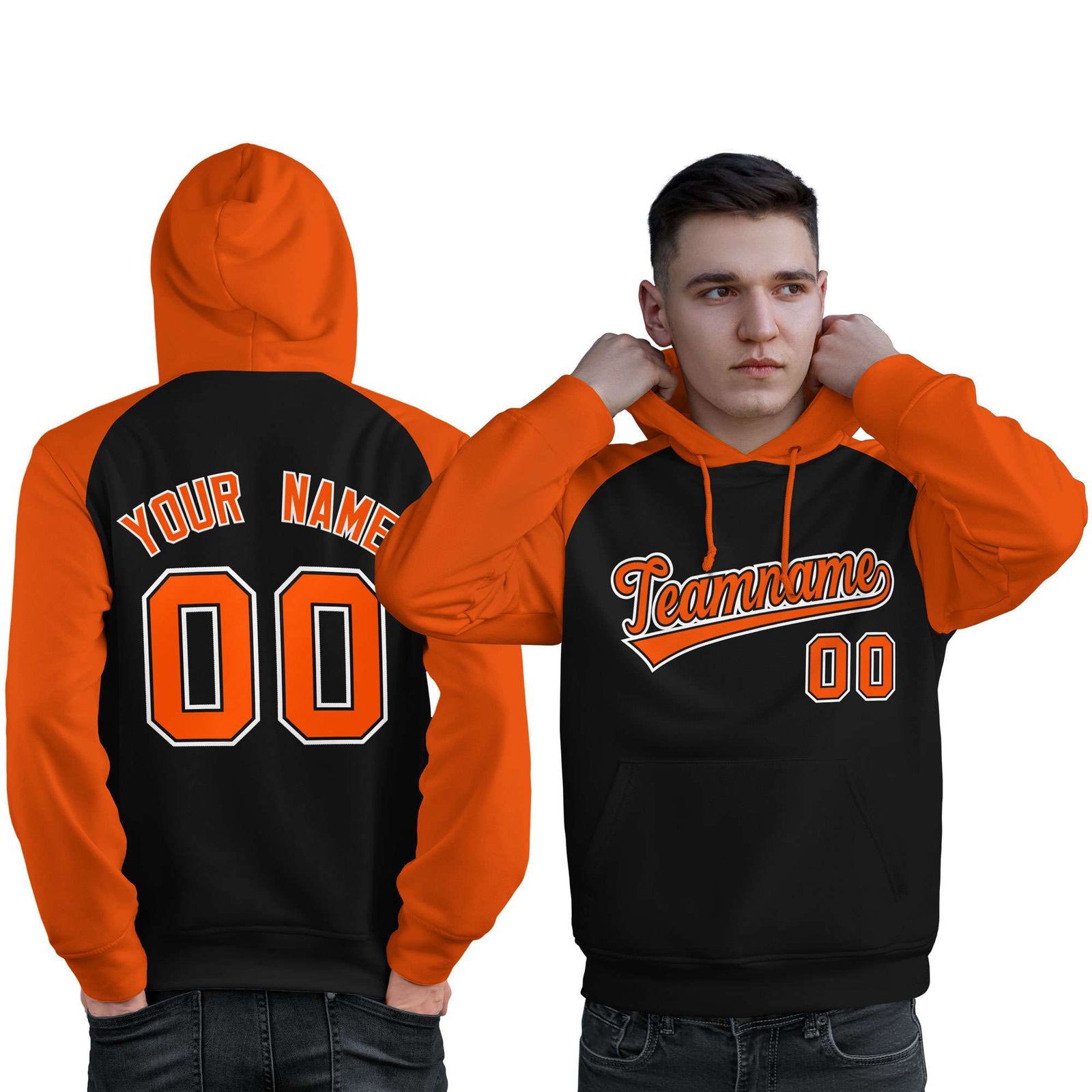 Custom Stitched Black Orange Raglan Sleeves Sports Pullover Sweatshirt Hoodie For Men