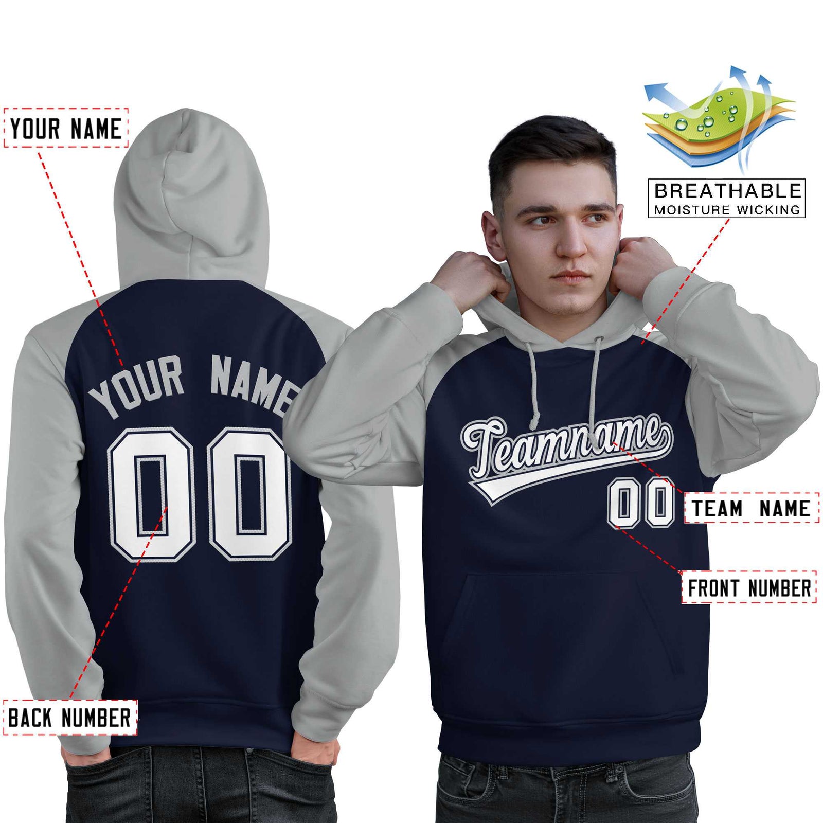 Custom Stitched Navy Gray-White Raglan Sleeves Sports Pullover Sweatshirt Hoodie For Men