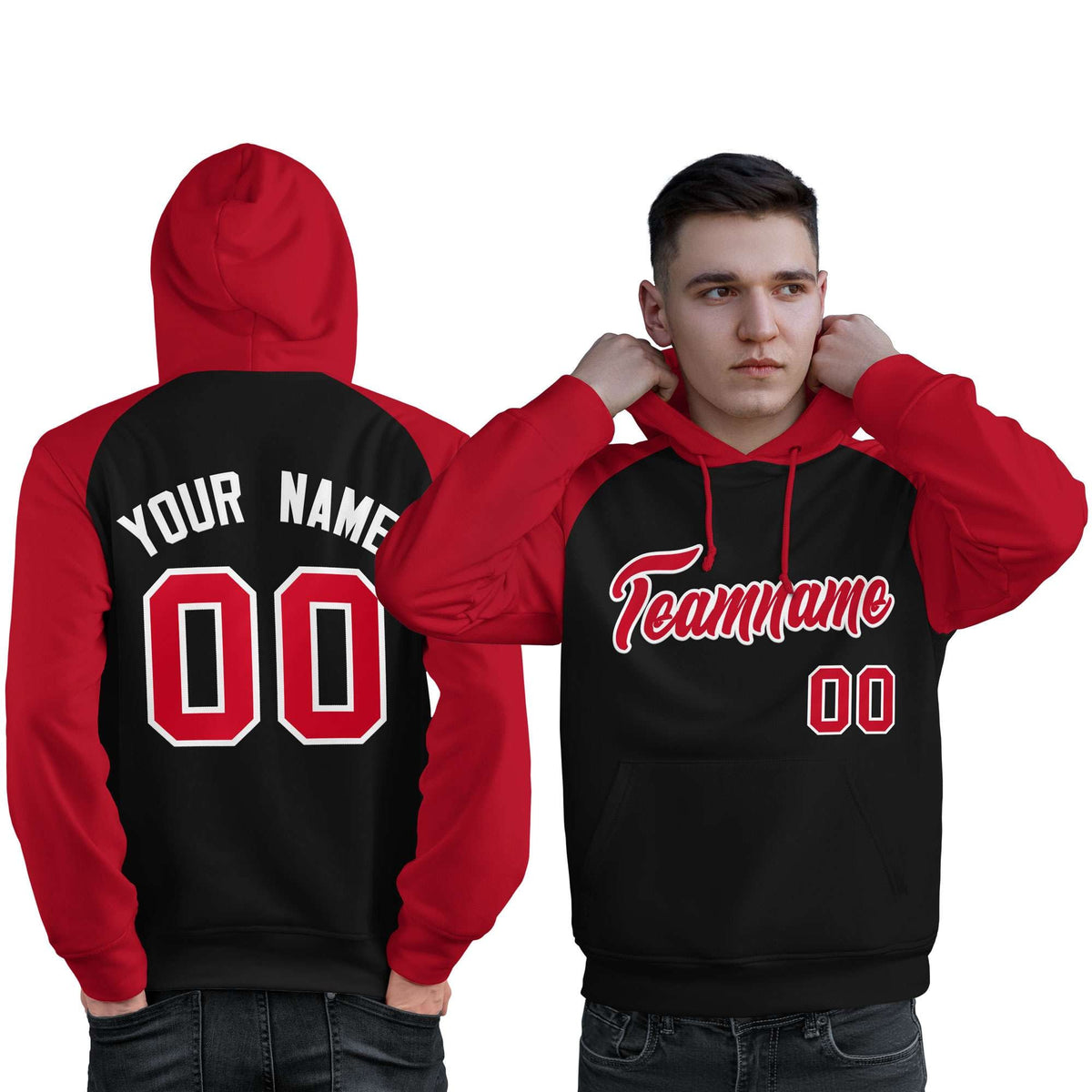 Custom Stitched Black Red Raglan Sleeves Sports Pullover Sweatshirt Hoodie For Men