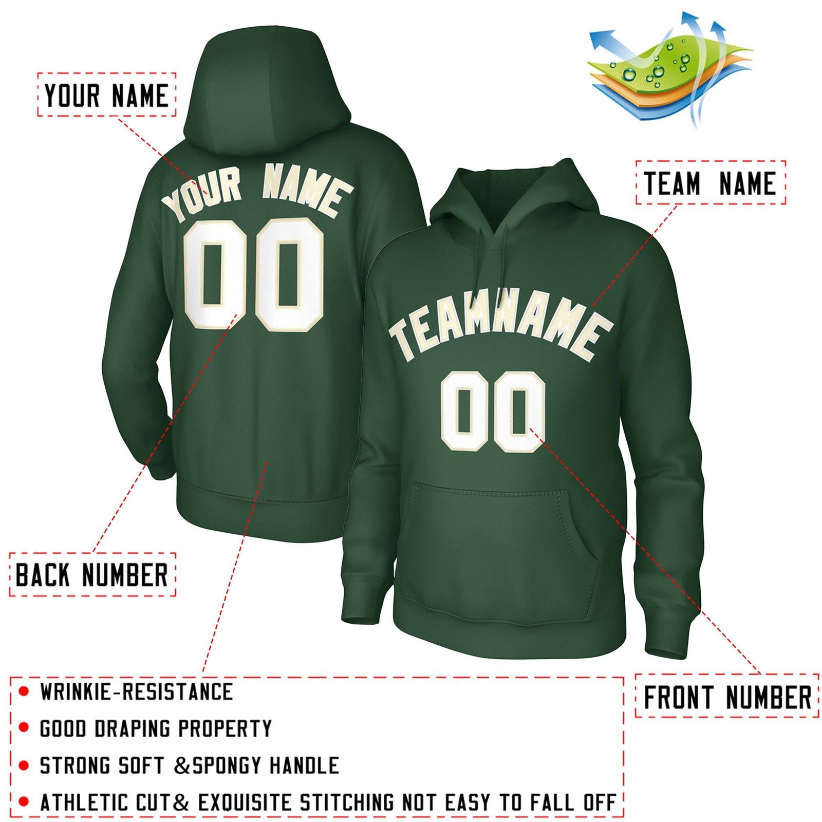 Custom Green White Classic Style Sweatshirts Uniform Pullover Hoodie