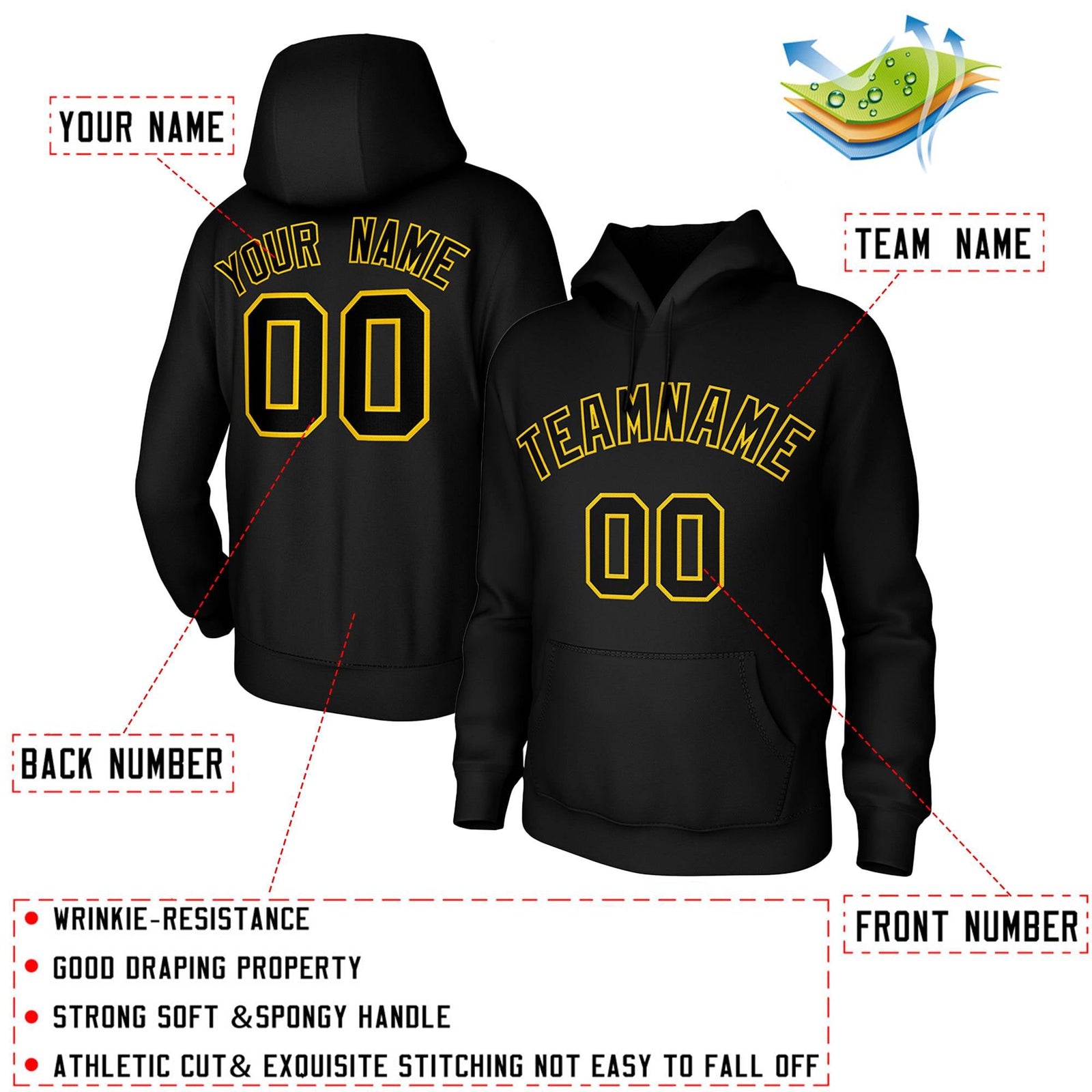Custom Black Yellow Classic Style Sweatshirts Uniform Pullover Hoodie
