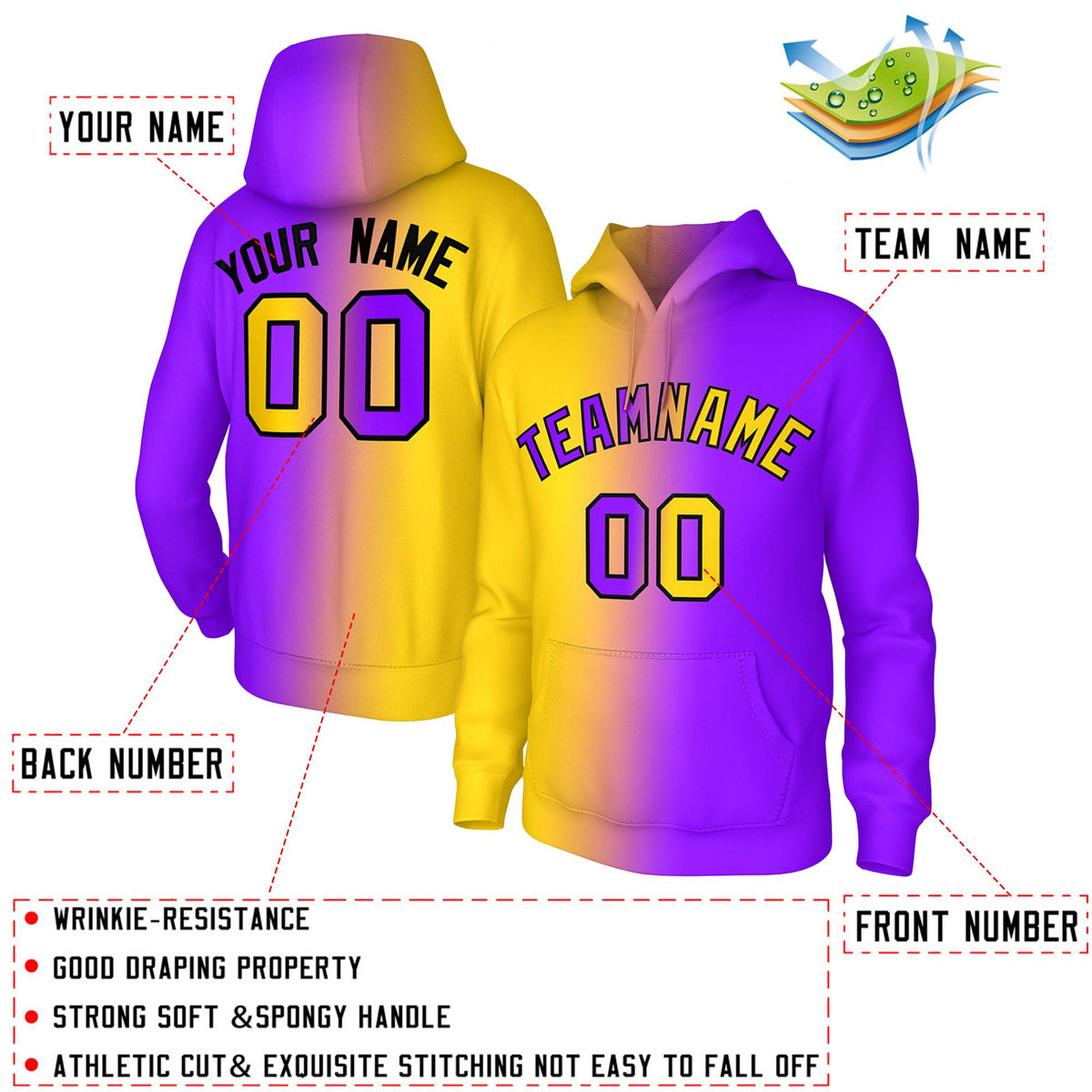 Custom Stitched Purple Gold Gradient Fashion Athletic Pullover Sweatshirt Hoodie