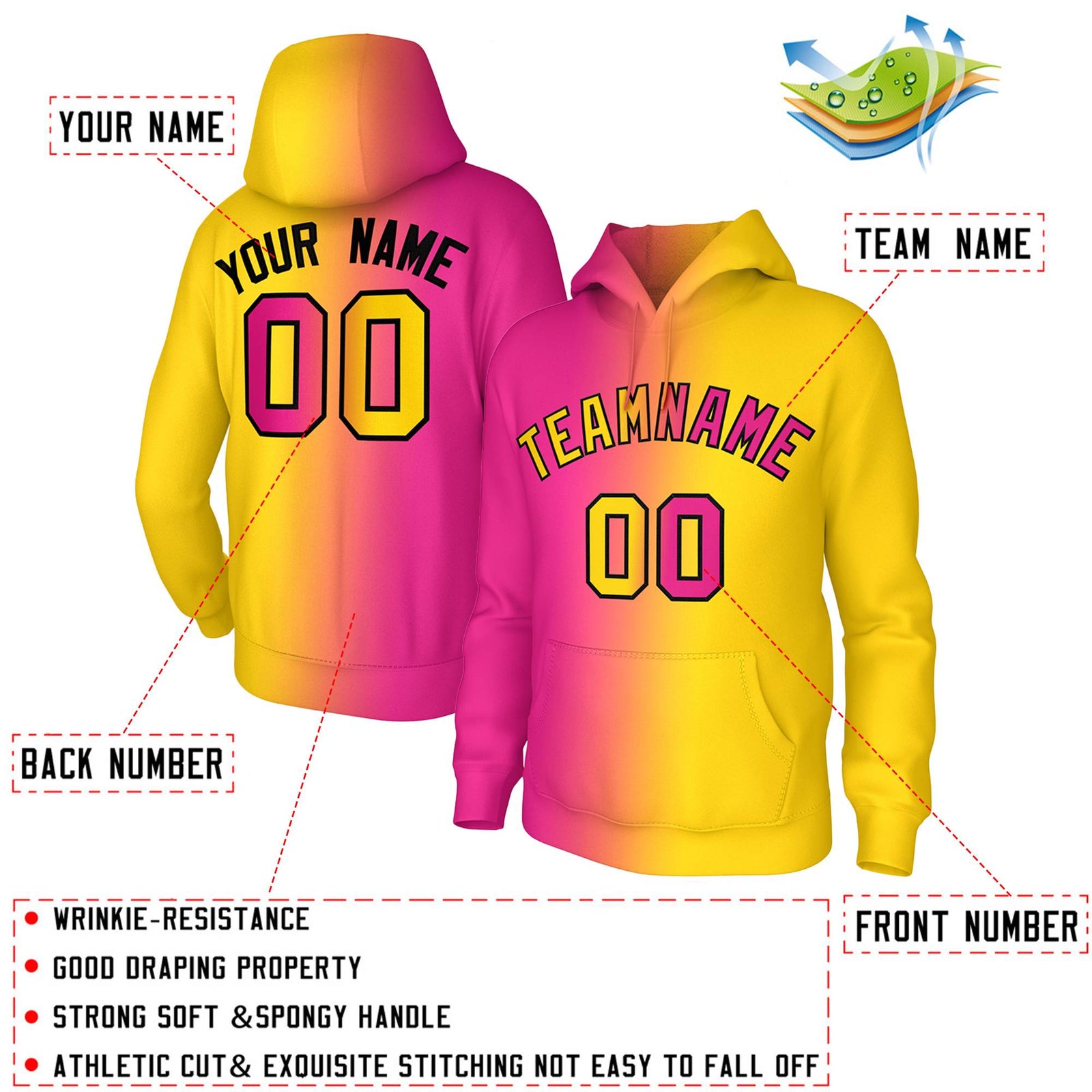 Custom Stitched Gold Pink Gradient Fashion Athletic Pullover Sweatshirt Hoodie