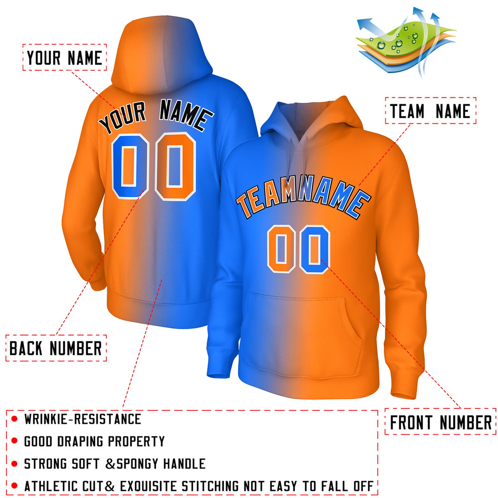 Custom Stitched Orange Royal Gradient Fashion Athletic Pullover Sweatshirt Hoodie