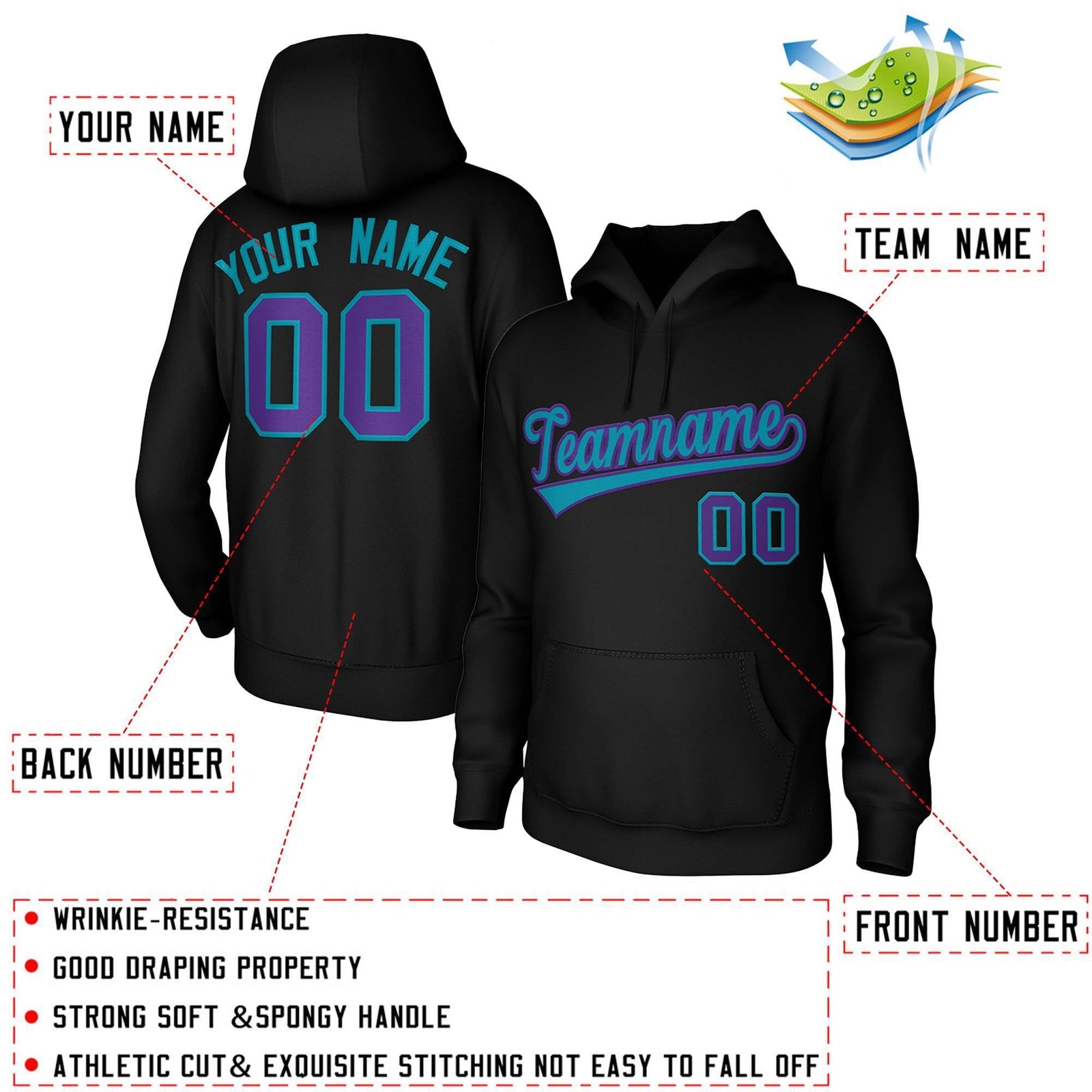Custom Black Green-Purple Classic Style Sports Uniform Pullover Hoodie