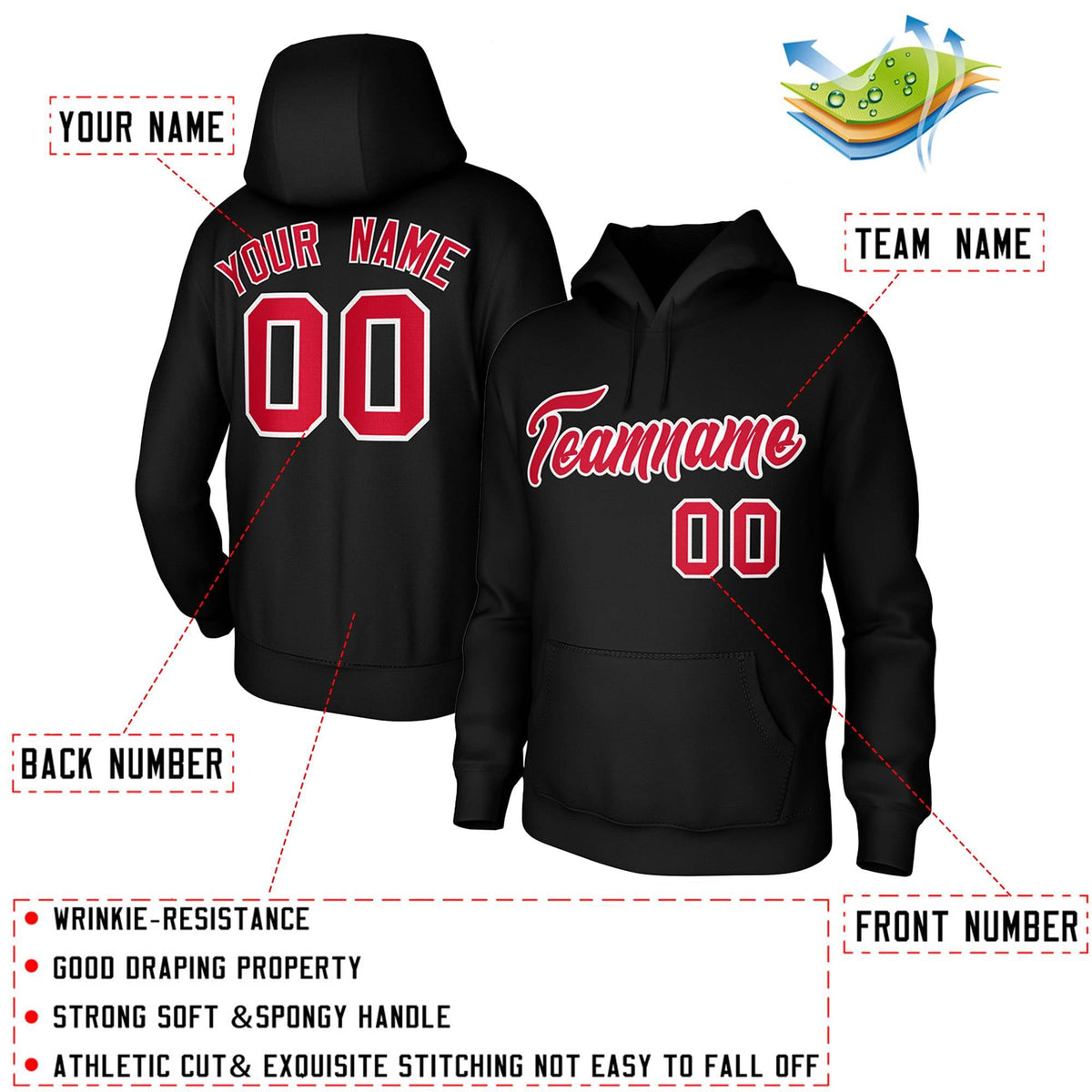 Custom Black Red-White Classic Style Personalized Uniform Pullover Hoodie