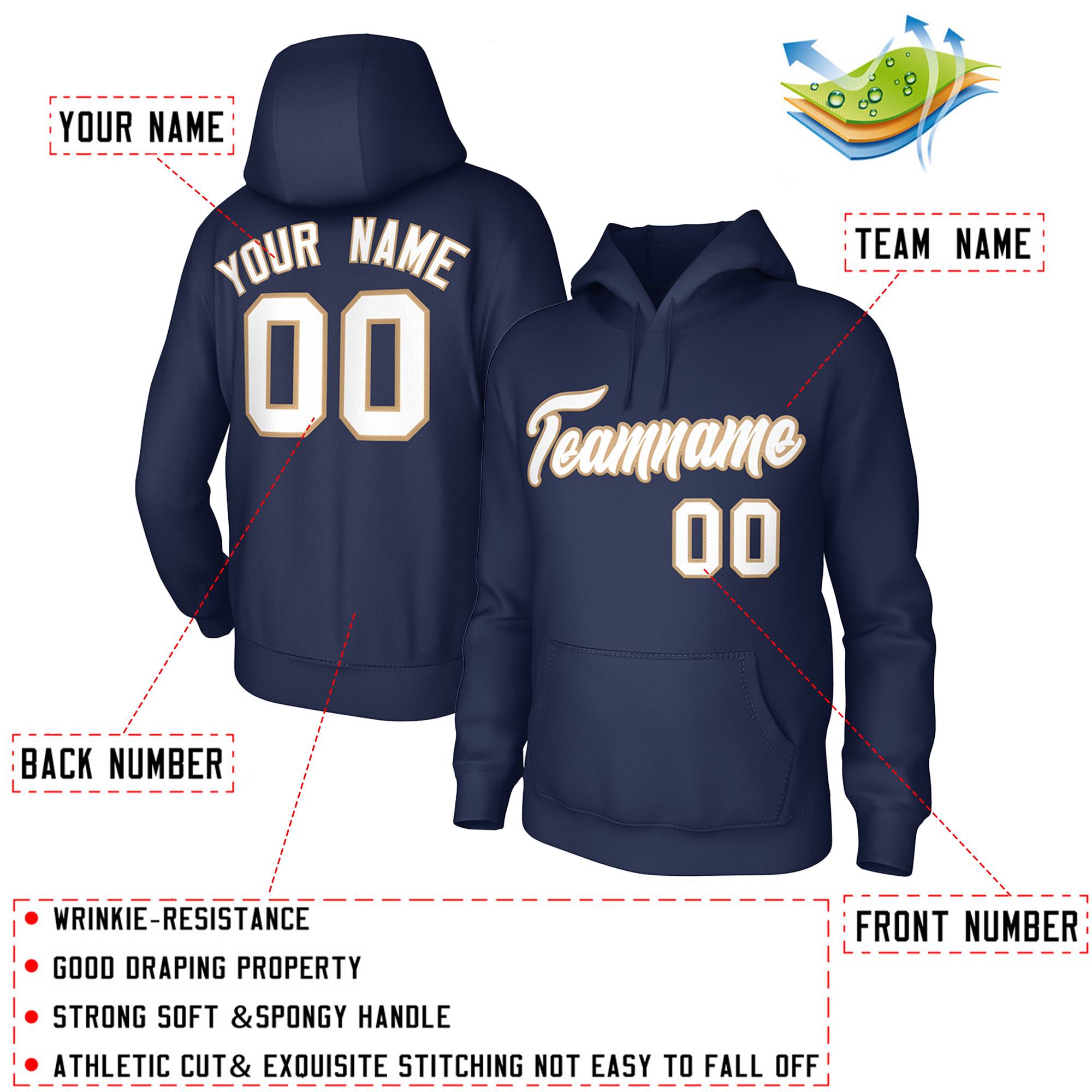 Custom White Gold Classic Style Personalized Uniform Pullover Hoodie