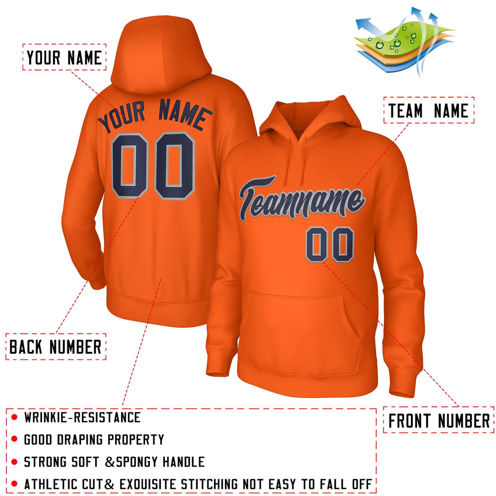 Custom Orange Navy-Gray Classic Style Personalized Uniform Pullover Hoodie